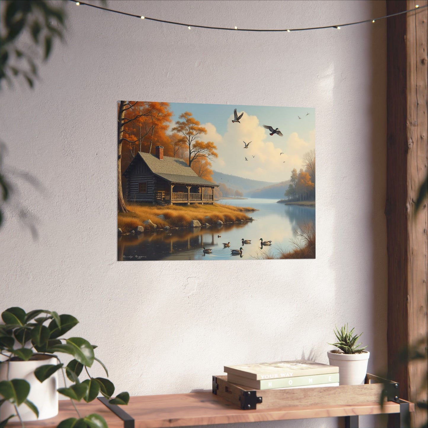 This print depicts a hunter’s hideout nestled along a quiet lakeshore