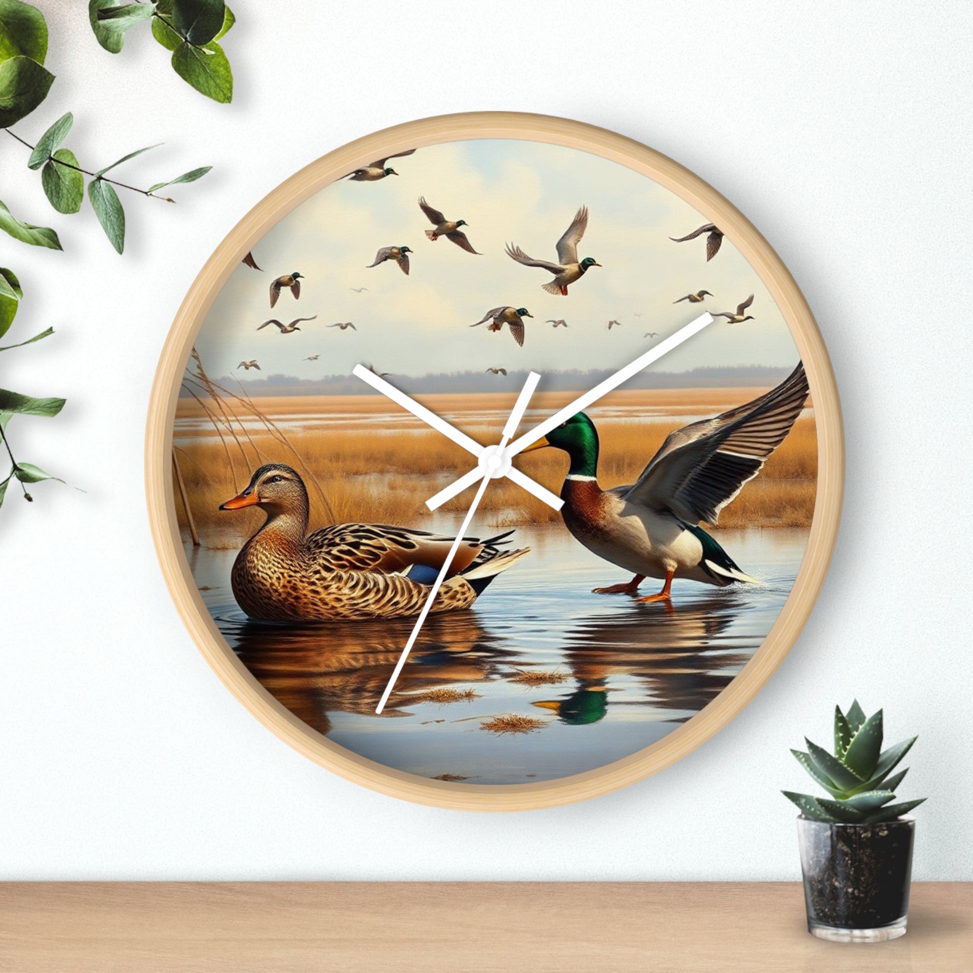 This collection of waterfowl art wall clocks brings the beauty of wetlands into your space, each clock featuring a meticulously crafted scene of waterfowl in natural settings.