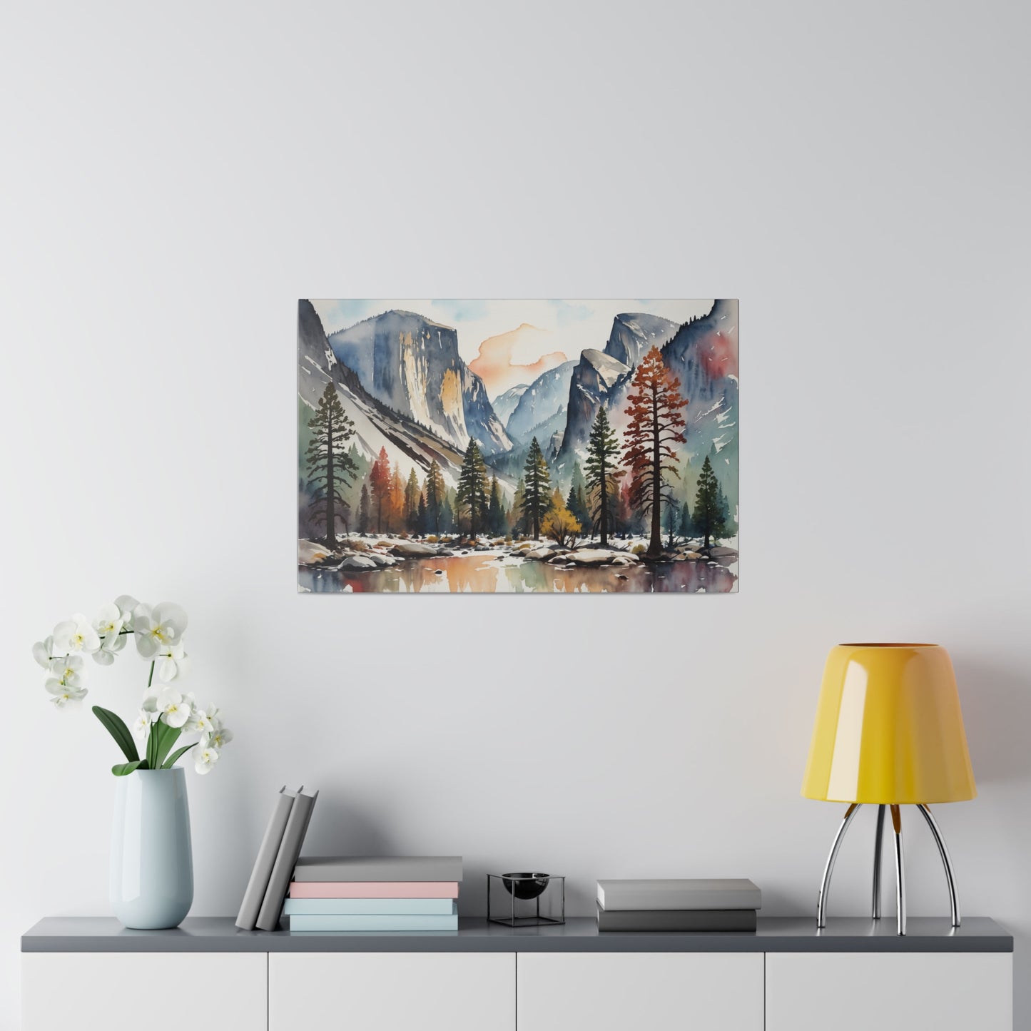 This stunning abstract canvas print, titled "Ethereal Granite Majesty," captures the awe-inspiring beauty of Yosemite National Park through an abstract watercolor imaginative lens. The artwork reimagines the iconic granite cliffs and lush valleys in a burst of vibrant, swirling colors that merge and dance across the canvas.