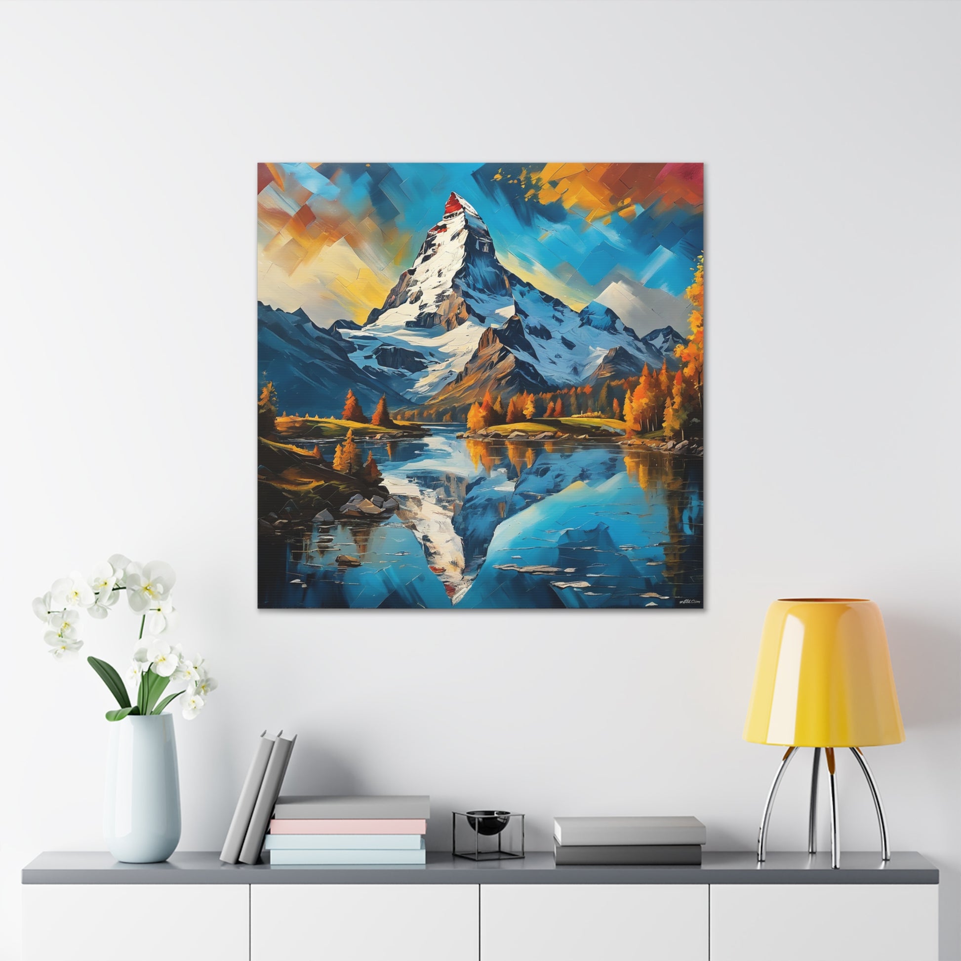 Dive into the stunning beauty of "Reflections of the Matterhorn," an abstract print that captures the vibrant essence of the iconic mountains mirrored in the pristine lakes below. This dynamic artwork utilizes a palette of bold, vivid colors to create a mesmerizing scene where the majestic Matterhorn peaks are perfectly reflected in serene waters. Ideal for adding a touch of nature-inspired wonder and contemporary art to any space, this print transforms your decor into a breat