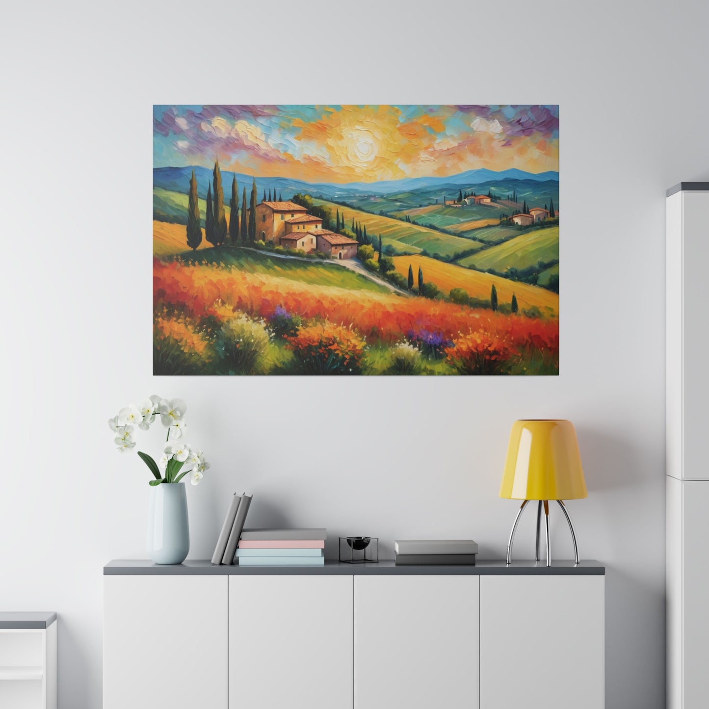 Experience the beauty and romance of Italy's Tuscany region with our stunning Van Gogh Style wine country print. Transport yourself to rolling hills, vineyards, and picturesque villages with this vibrant and captivating piece. Perfect for adding a touch of sophistication and wanderlust to any space.