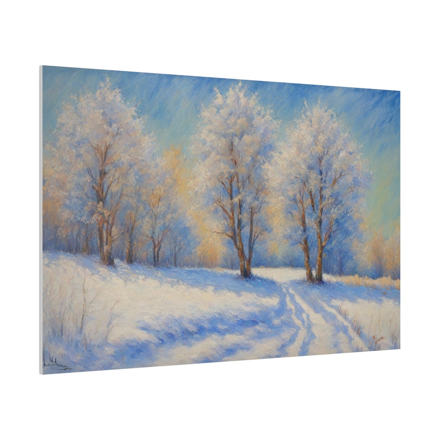 Step into a world of pure serenity with "Winter's Glow." The artist has expertly captured the quiet beauty of a countryside blanketed in snow, where every detail—from the delicate frost on the trees to the smooth drifts of snow—contributes to a scene of absolute calm. The blueish tint from the sky creates a subtle, ethereal glow that enhances the peaceful atmosphere. This print is ideal for any room that seeks to evoke the quiet, reflective beauty of winter.