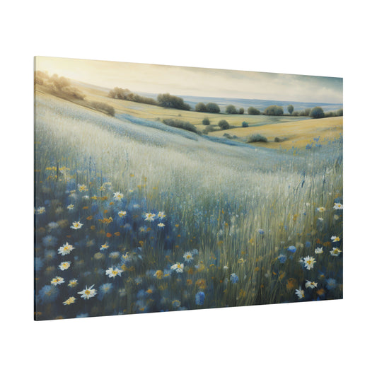 Rolling hills filled with blooming wildflowers stretch into the distance, Indulge in a touch of elegance with our Vintage Wildflower Field Canvas Print. The vintage soft blue tint adds a charming touch to this exquisite print, bringing to mind a peaceful stroll through a blooming field. Bring the beauty of nature into your home with this sophisticated and exclusive piece of art.