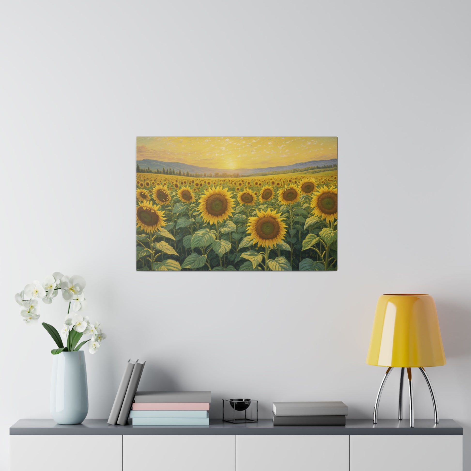 Bask in the golden glow of "Sunrise in Sunflower Valley," an enchanting impressionist print that captures the radiant beauty of a sunflower field at dawn. This exquisite artwork showcases sunflowers bathed in the soft, warm light of the rising sun, while a gentle haze blankets the high rolling hills in the background. Perfect for bringing a touch of warmth and natural splendor to any space, this print transforms your decor into a vibrant and serene haven.