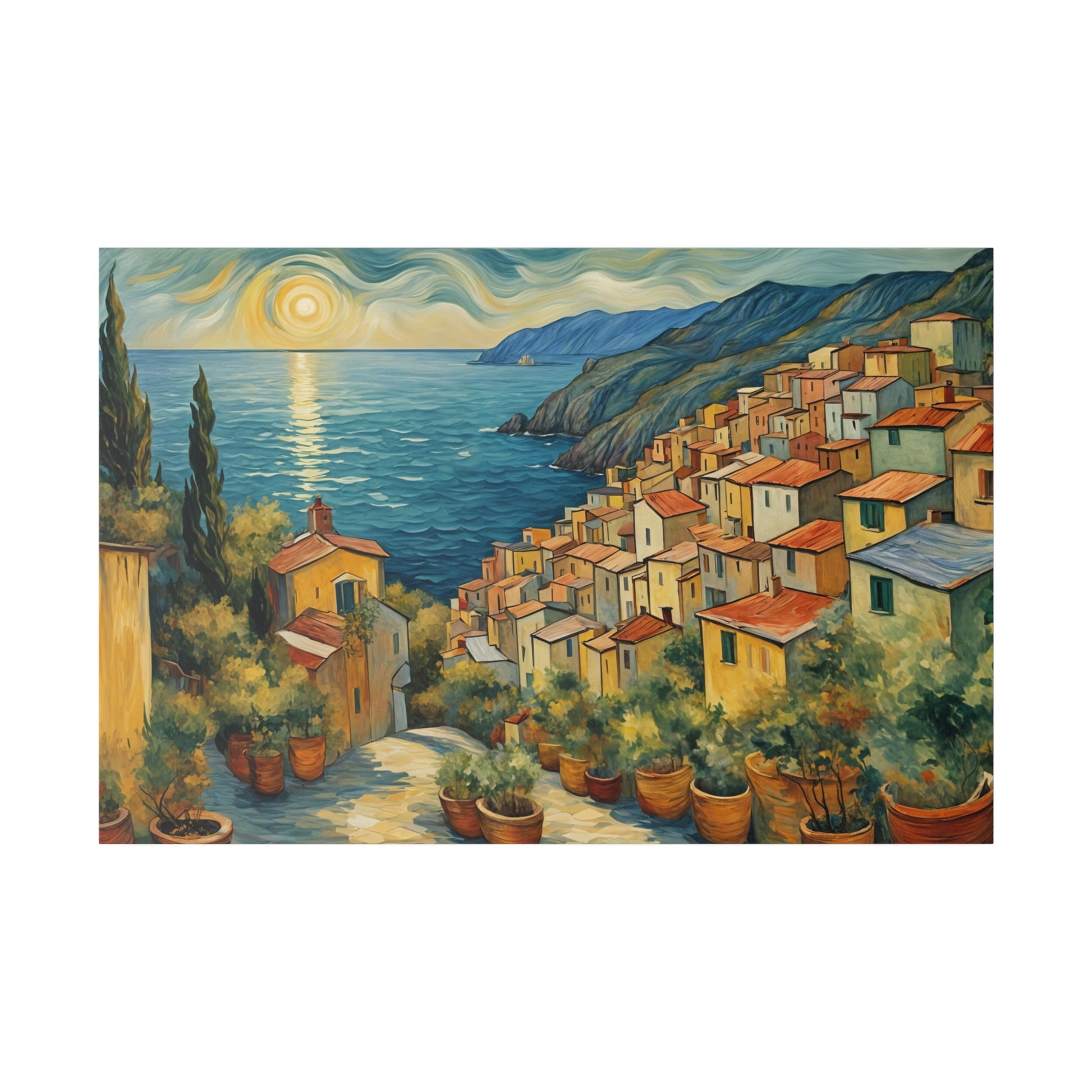 This print evokes a sense of tranquility and wonder, capturing the serene beauty of the Italian coast at sunrise. Van Gogh’s unique style infuses the scene with energy and emotion, making the viewer feel the warmth of the rising sun, the gentle breeze from the ocean, and the timeless charm of the coastal town. The combination of vivid colors, dynamic brushstrokes, and harmonious composition creates a captivating and immersive experience, transporting the viewer to this idyllic seaside retreat.