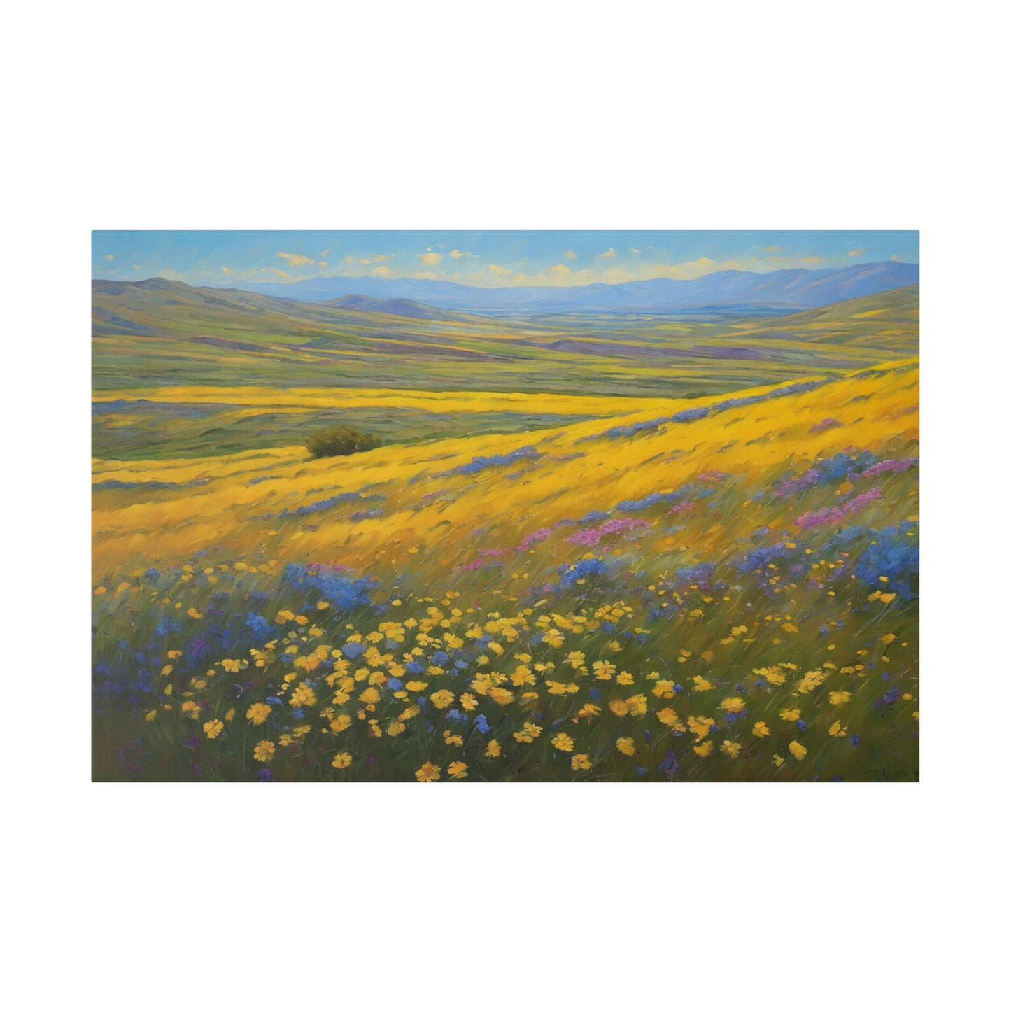 California Carrizo Plain Super Bloom. A vast landscape is covered with vibrant yellow wildflowers, stretching toward rolling hills on the horizon. Blue and purple flowers add a dash of contrasting color against the golden yellow bloom and green grasses swaying under a clear sky.