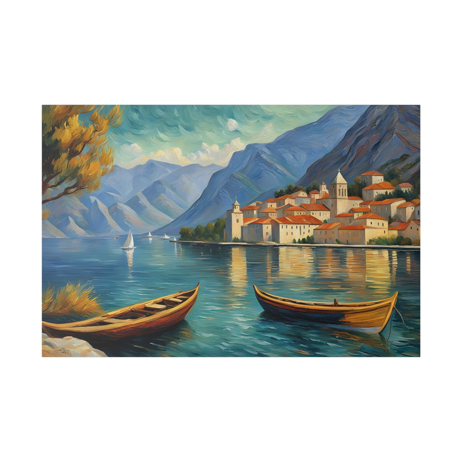 Van Gogh Style The Bay of Kotor, nestled along the Adriatic coast of Montenegro, is a breathtakingly beautiful fjord-like inlet surrounded by towering mountains and dotted with charming medieval towns. Often referred to as Europe's southernmost fjord, this UNESCO World Heritage Site captivates visitors with its stunning natural scenery and rich cultural heritage.