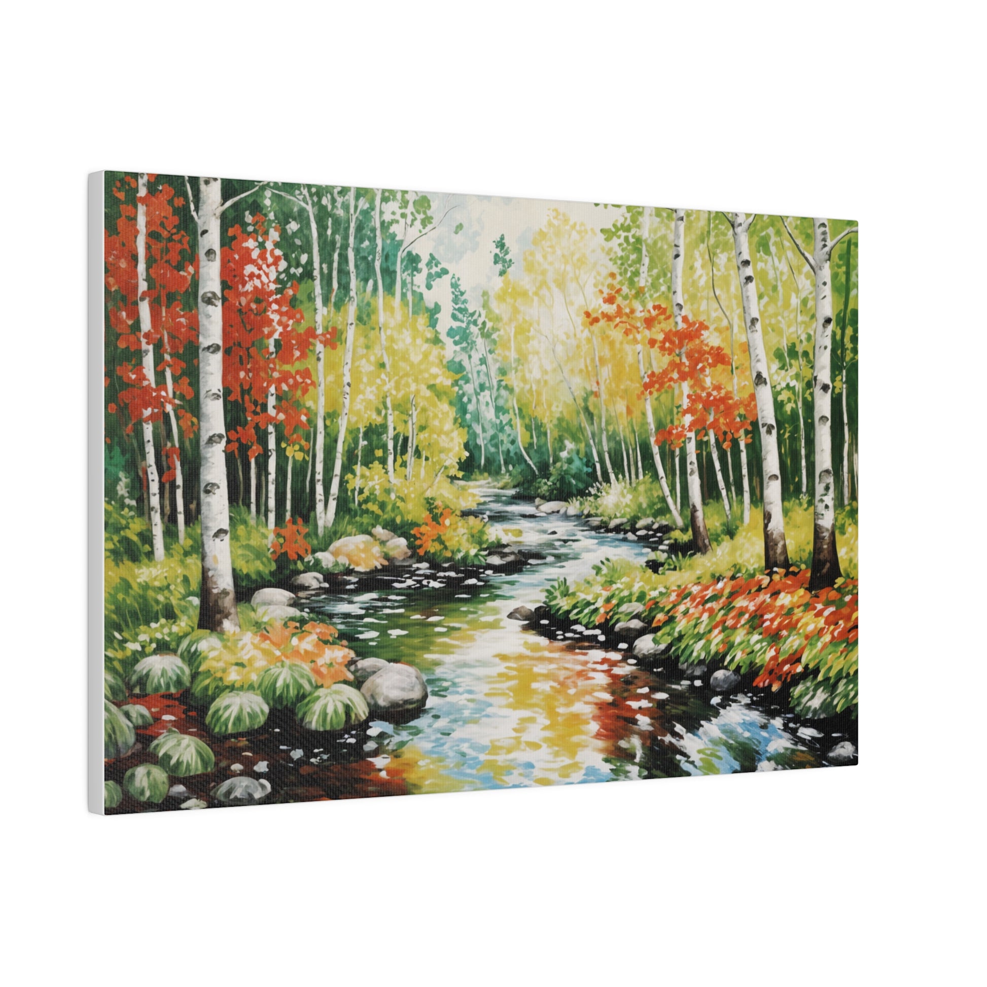 Stream Running Through a Birch Wood Forest Print