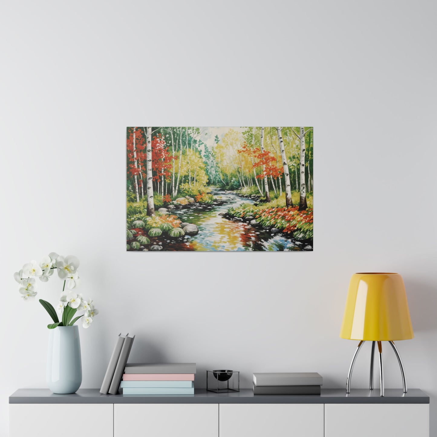 Stream Running Through a Birch Wood Forest Print