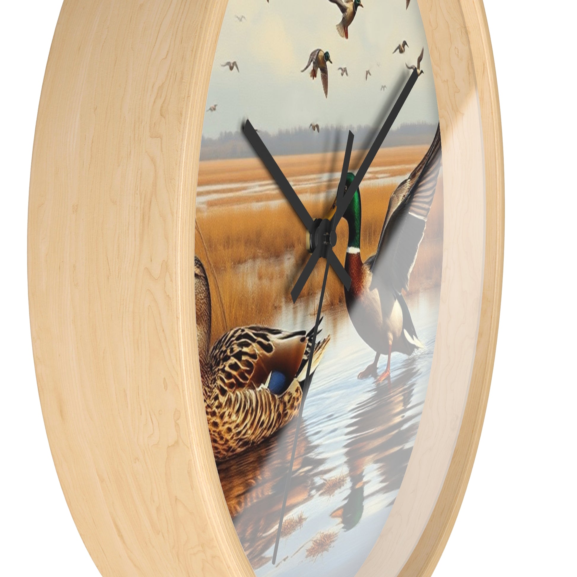 This collection of waterfowl art wall clocks brings the beauty of wetlands into your space, each clock featuring a meticulously crafted scene of waterfowl in natural settings.