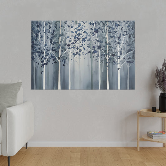 A serene grove of slender trees stands shrouded in mist, their leaves a cool tapestry of blues against the muted backdrop. The scene evokes a tranquil and somewhat mystical forest atmosphere, with the trees fading into the white foggy distance.