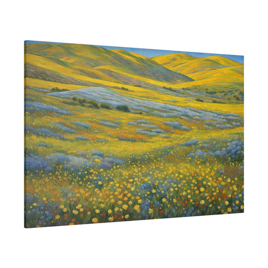 California Carrizo Plain Super Bloom. A vast landscape is covered with vibrant yellow wildflowers, stretching toward rolling hills on the horizon. Blue and purple flowers add a dash of contrasting color against the golden yellow bloom and green grasses swaying under a clear sky.