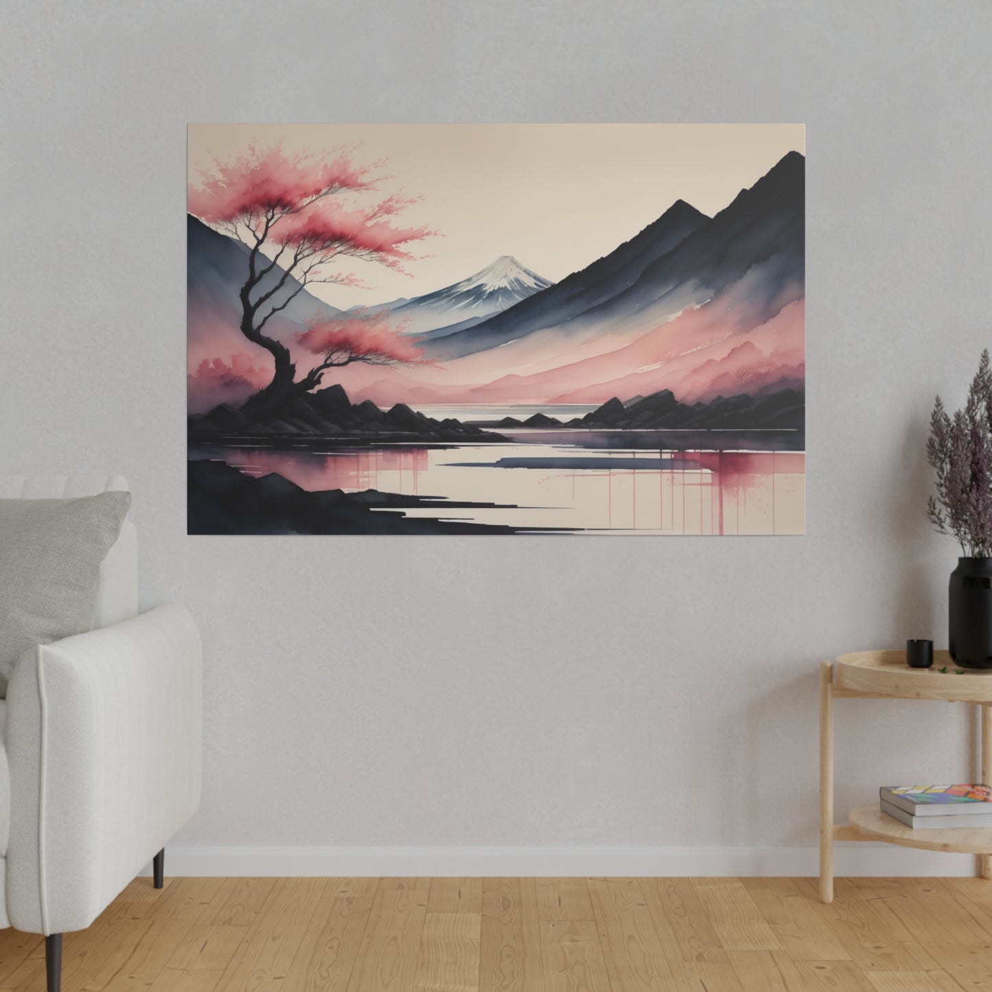 A serene abstract landscape features a snow-capped mountain in the background with hues of pink and purple adorning the sky. In the foreground, a tree with pink leaves stands beside still waters reflecting the tranquil scene.