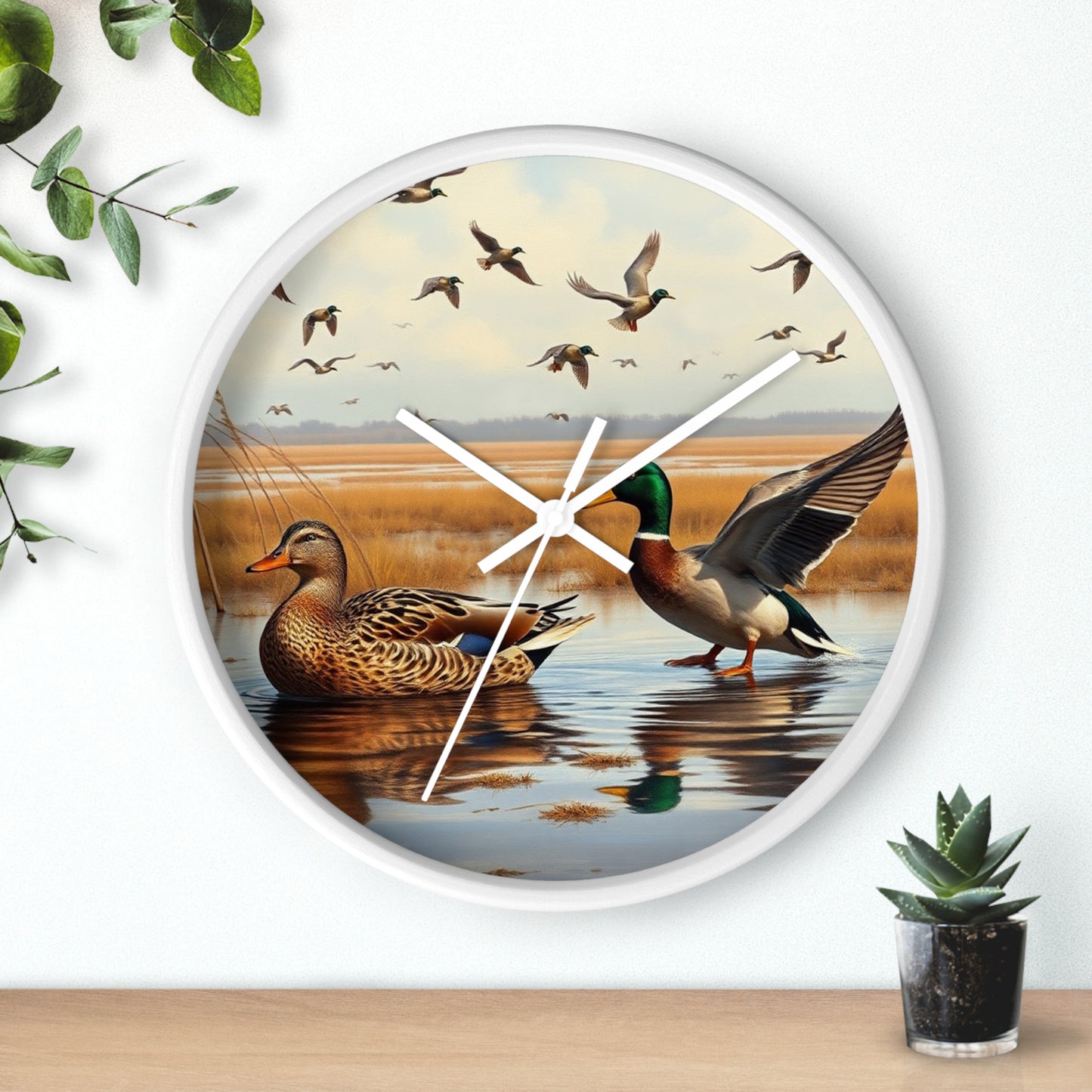 This collection of waterfowl art wall clocks brings the beauty of wetlands into your space, each clock featuring a meticulously crafted scene of waterfowl in natural settings.