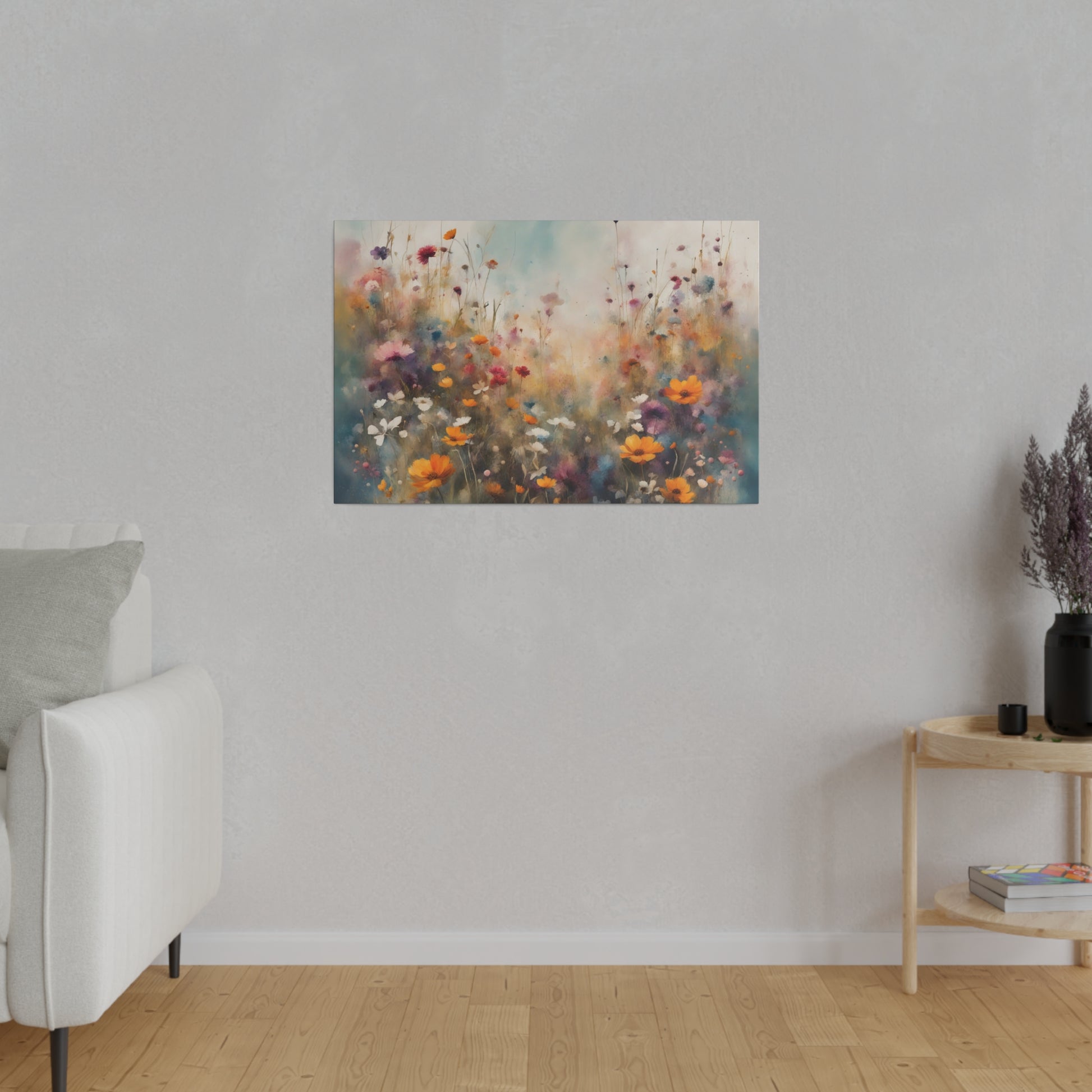 Step into the enchanting world of "Wildflower Symphony," a captivating print that celebrates the vibrant beauty of a field filled with wildflowers. This stunning piece of art effortlessly blends a variety of soft colors, including blues, violets, purples, and yellows, creating a serene and mesmerizing landscape.