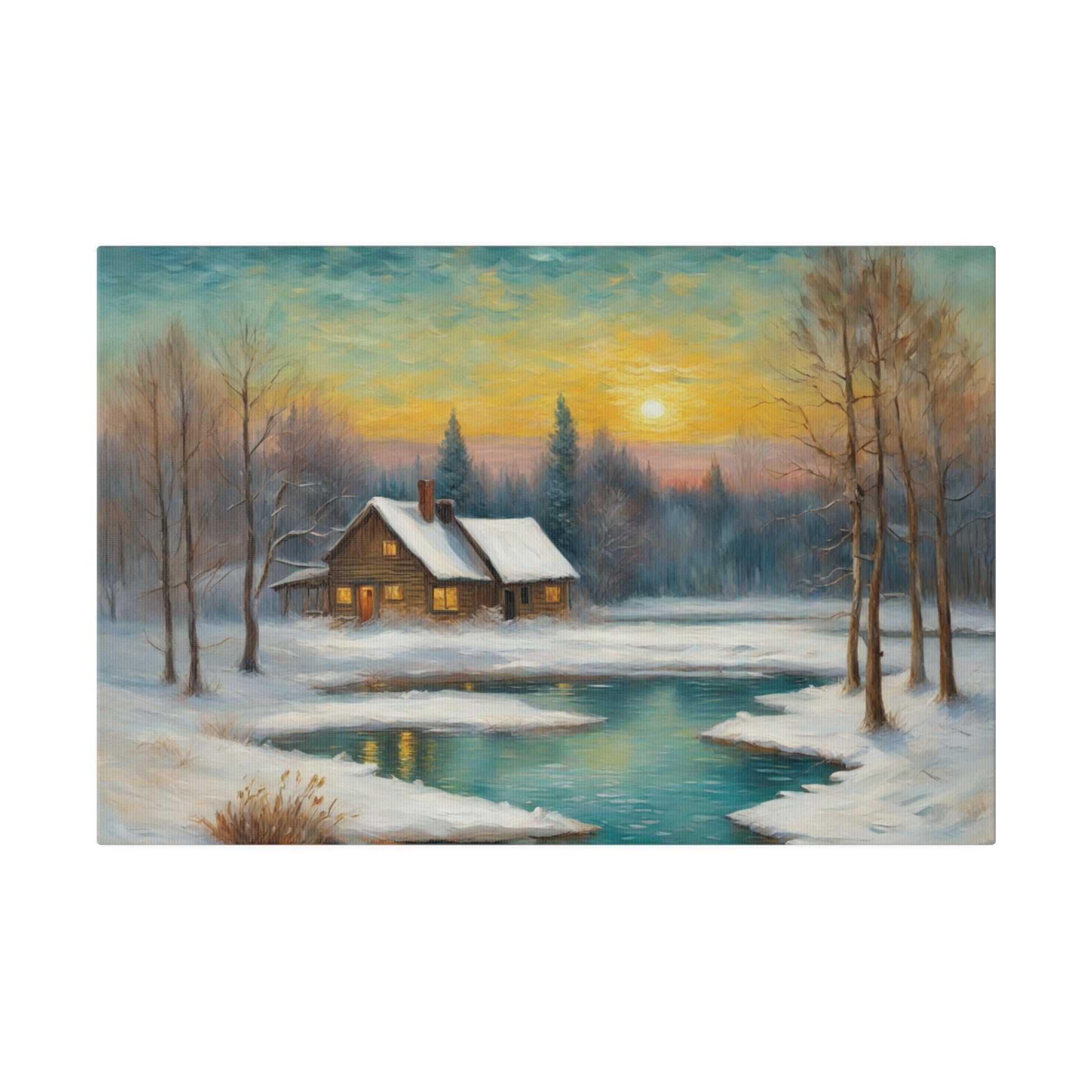 A cozy cabin with a snow-covered roof sits beside a calm, partially frozen pond, surrounded by bare trees and distant evergreen forests under a setting sun. Warm light emanates from the cabin windows, contrasting with the cool tones of the snow and water.