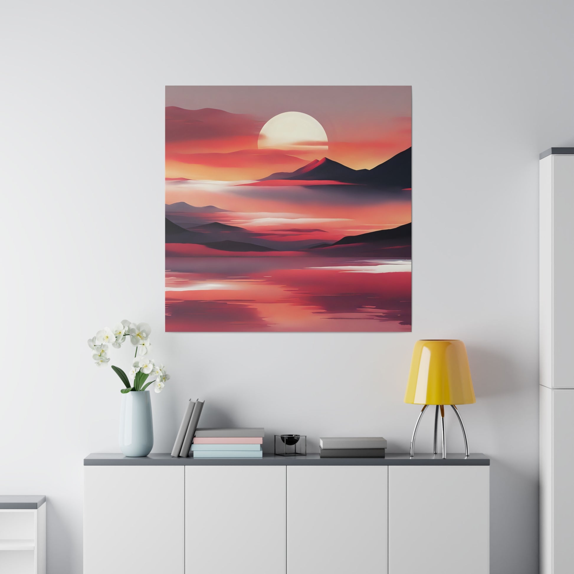 Bring a sense of timeless tranquility to your home with "Sunset Reverie." The soothing colors and abstract forms create a calming influence, making it perfect for spaces designed for relaxation and reflection. Whether it's in a living room, bedroom, or office, this print elevates the ambiance with its serene and elegant portrayal of a mountain sunset. It’s a versatile addition that complements both modern and traditional interiors.