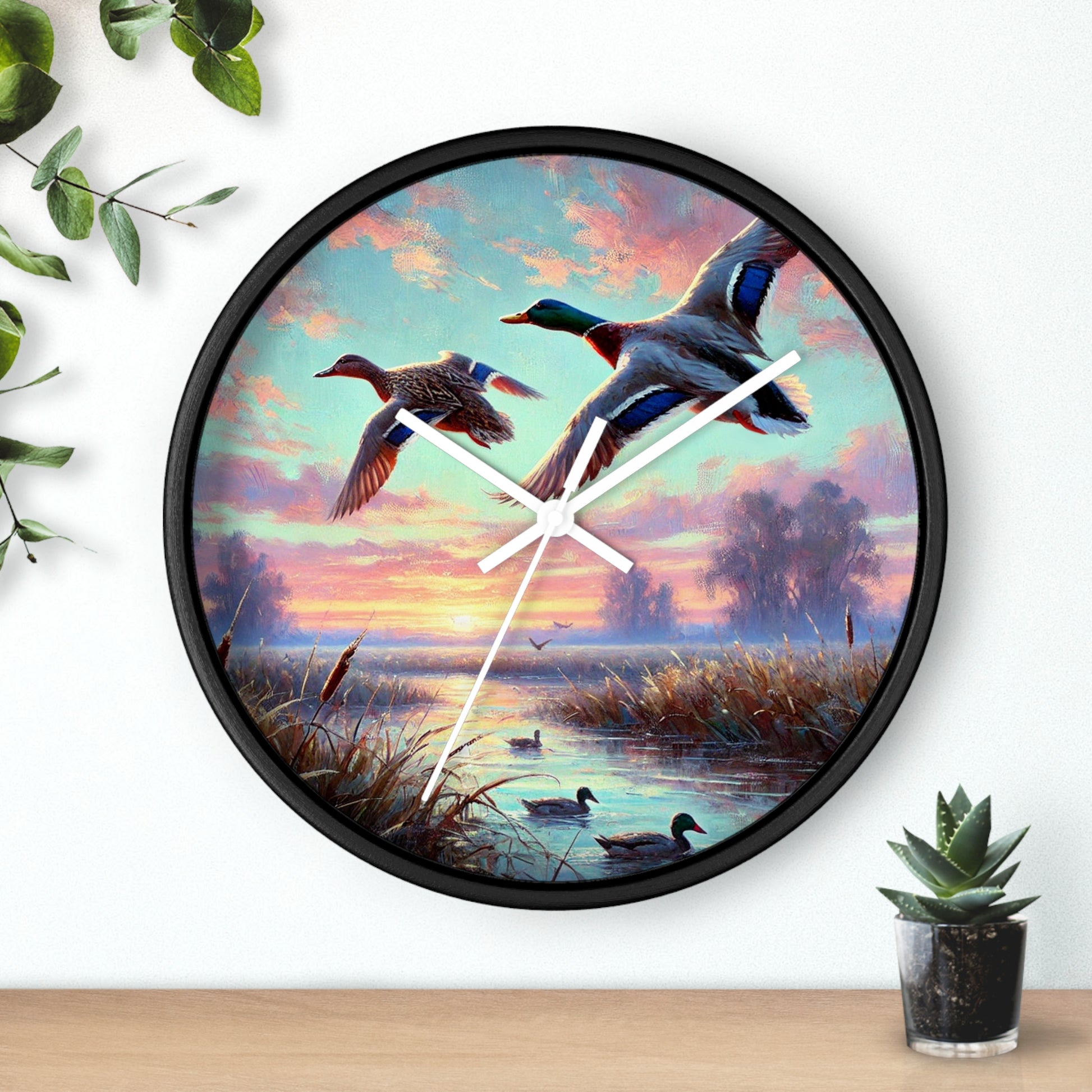 This collection of waterfowl art wall clocks brings the beauty of wetlands into your space, each clock featuring a meticulously crafted scene of waterfowl in natural settings.