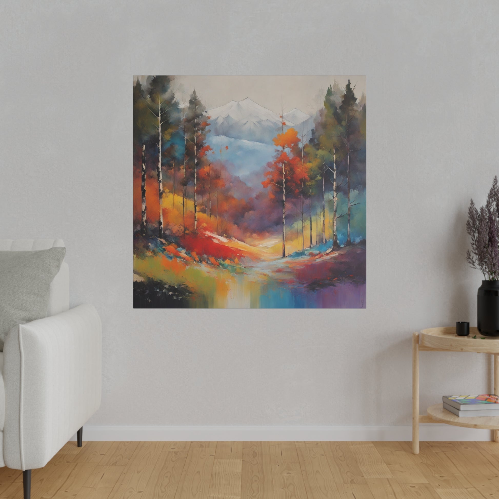 Forest and Snow Cap Mountain Canvas Print is an evocative abstract canvas print that transports viewers to a serene forest trail, flanked by towering snow-capped mountains in the distance. This artwork blends the tranquility of a wooded path with the majestic beauty of alpine heights, captured through a modern and abstract artistic lens.