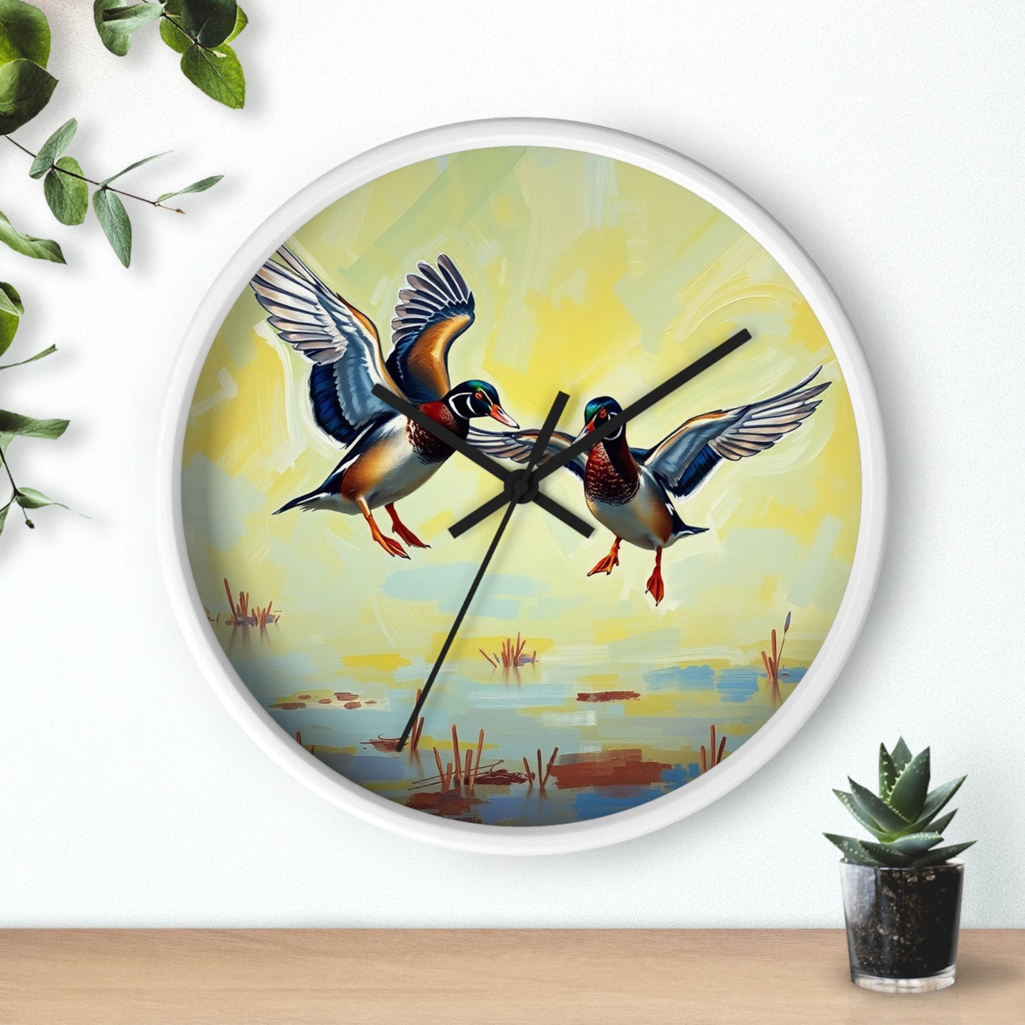 This collection of waterfowl art wall clocks brings the beauty of wetlands into your space, each clock featuring a meticulously crafted scene of waterfowl in natural settings.