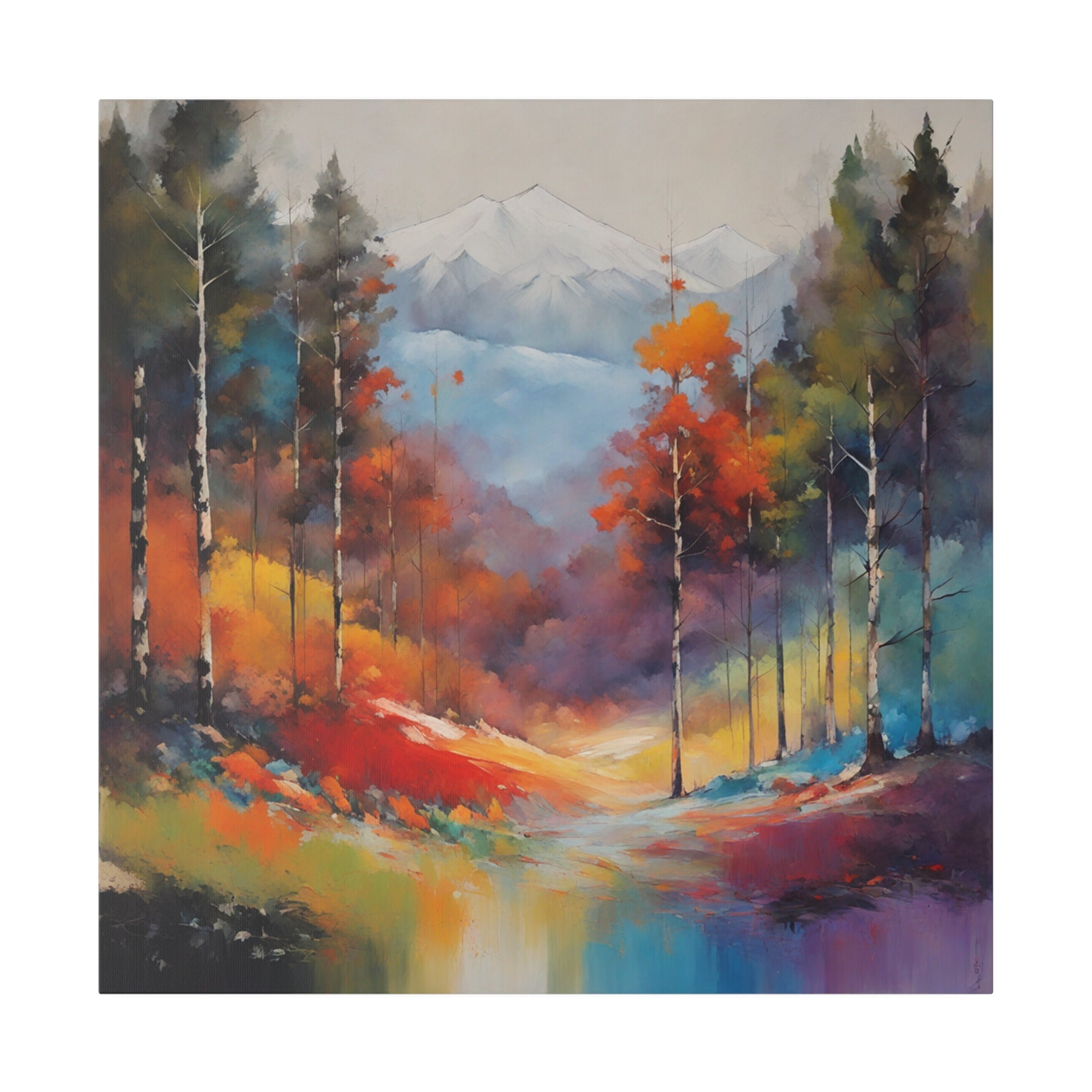 Forest and Snow Cap Mountain Canvas Print is an evocative abstract canvas print that transports viewers to a serene forest trail, flanked by towering snow-capped mountains in the distance. This artwork blends the tranquility of a wooded path with the majestic beauty of alpine heights, captured through a modern and abstract artistic lens.