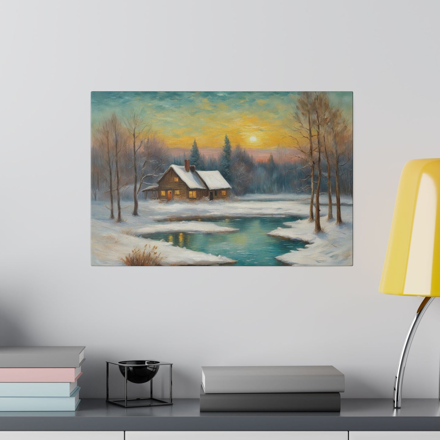 A cozy cabin with a snow-covered roof sits beside a calm, partially frozen pond, surrounded by bare trees and distant evergreen forests under a setting sun. Warm light emanates from the cabin windows, contrasting with the cool tones of the snow and water.