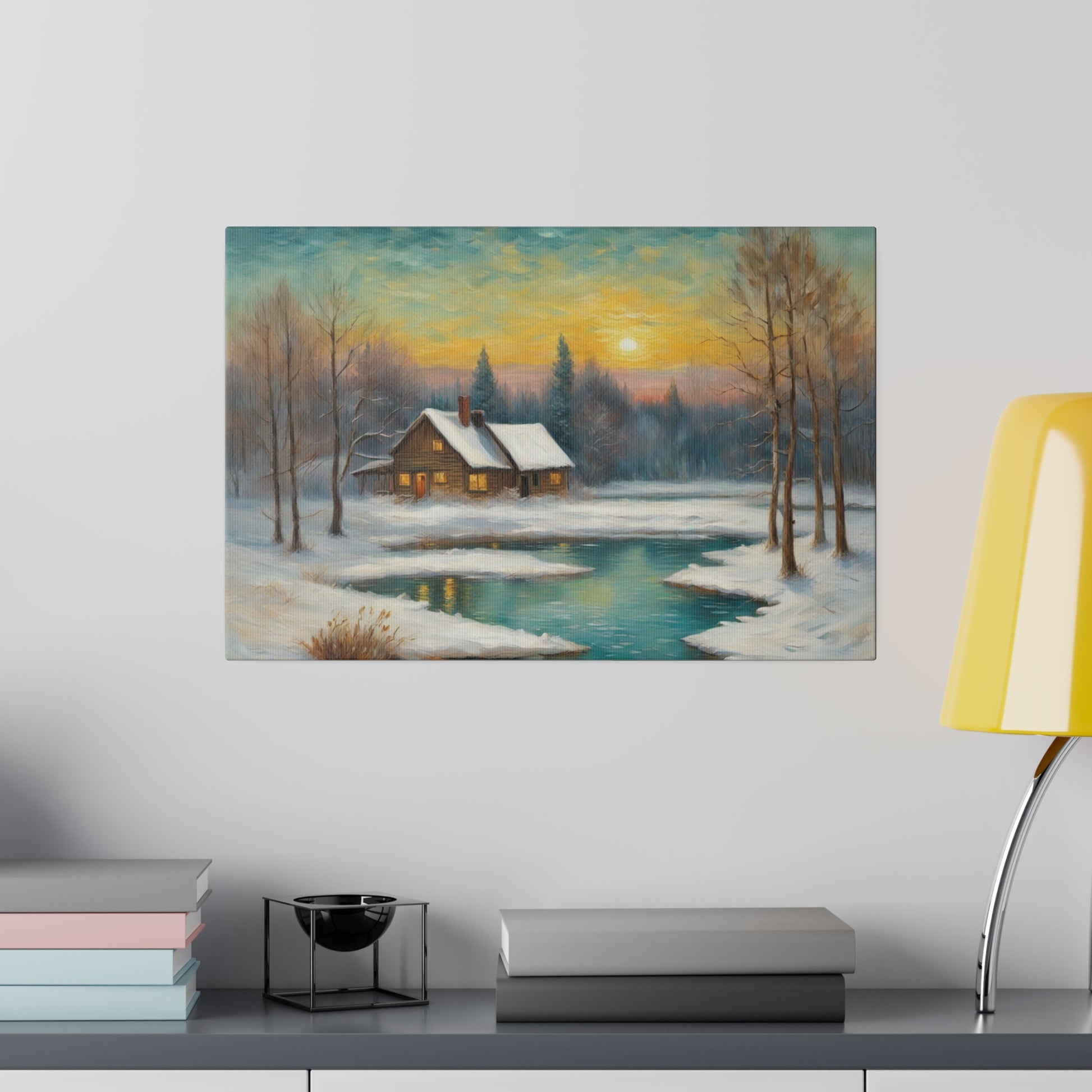 A cozy cabin with a snow-covered roof sits beside a calm, partially frozen pond, surrounded by bare trees and distant evergreen forests under a setting sun. Warm light emanates from the cabin windows, contrasting with the cool tones of the snow and water.