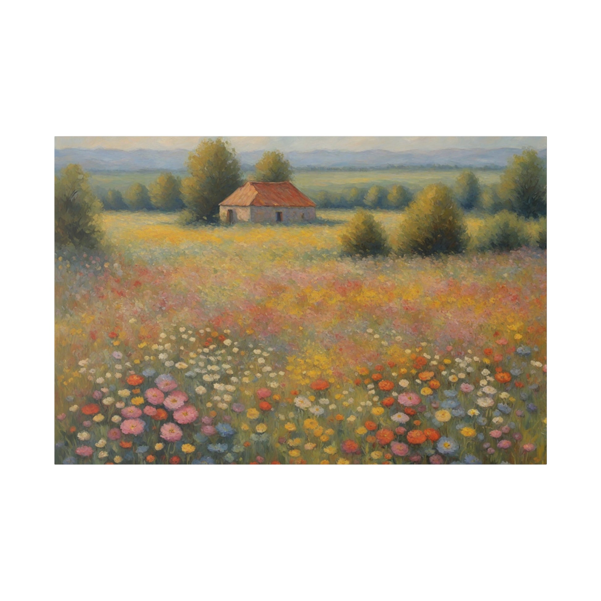 Step into the enchanting world of "Wildflower Symphony," a captivating print that celebrates the vibrant beauty of a field filled with wildflowers. This stunning piece of art effortlessly blends a variety of soft colors, including blues, violets, purples, and yellows, creating a serene and mesmerizing landscape.