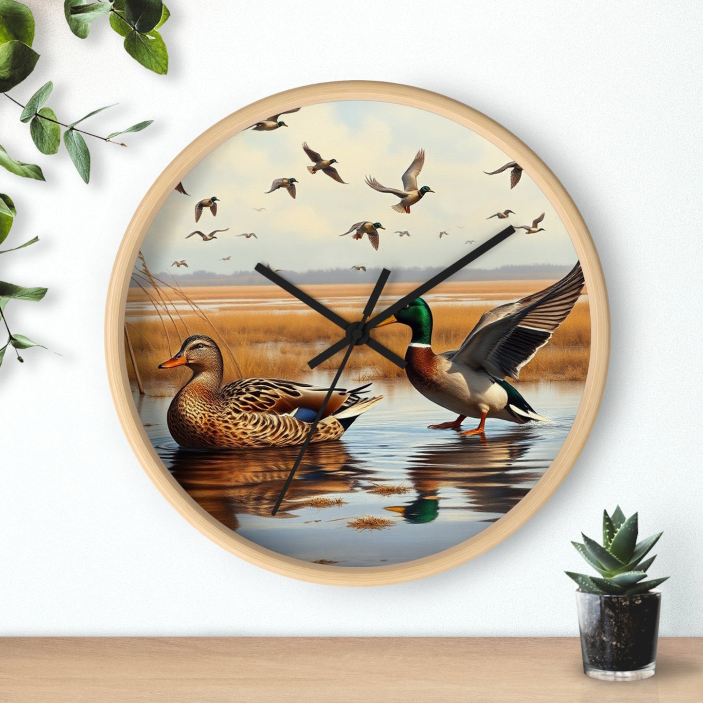 This collection of waterfowl art wall clocks brings the beauty of wetlands into your space, each clock featuring a meticulously crafted scene of waterfowl in natural settings.