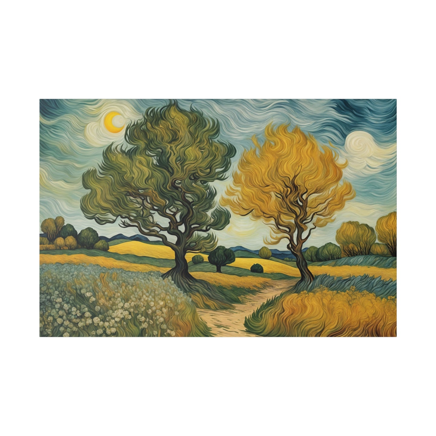 Imagine a nature-inspired painting in the distinctive style of Vincent van Gogh, where every element is infused with his signature energy and emotion. The scene is alive with swirling brushstrokes and vibrant colors, creating a landscape that feels both real and dreamlike.