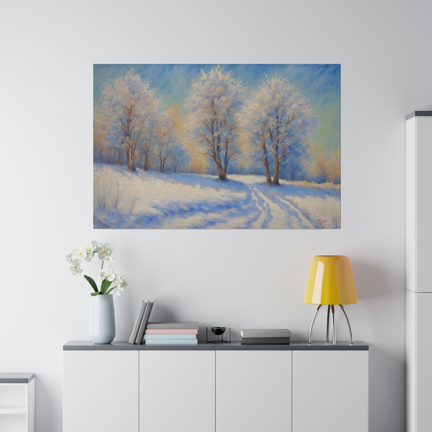 Step into a world of pure serenity with "Winter's Glow." The artist has expertly captured the quiet beauty of a countryside blanketed in snow, where every detail—from the delicate frost on the trees to the smooth drifts of snow—contributes to a scene of absolute calm. The blueish tint from the sky creates a subtle, ethereal glow that enhances the peaceful atmosphere. This print is ideal for any room that seeks to evoke the quiet, reflective beauty of winter.