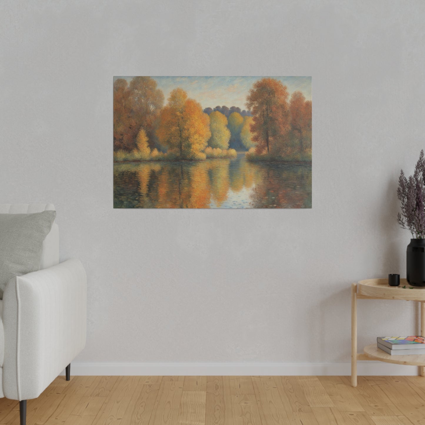 A serene lake reflects a vibrant display of autumn trees with hues of orange, yellow, and red. The soft, pastel sky above complements the tranquil scene, enhancing the overall sense of peace.