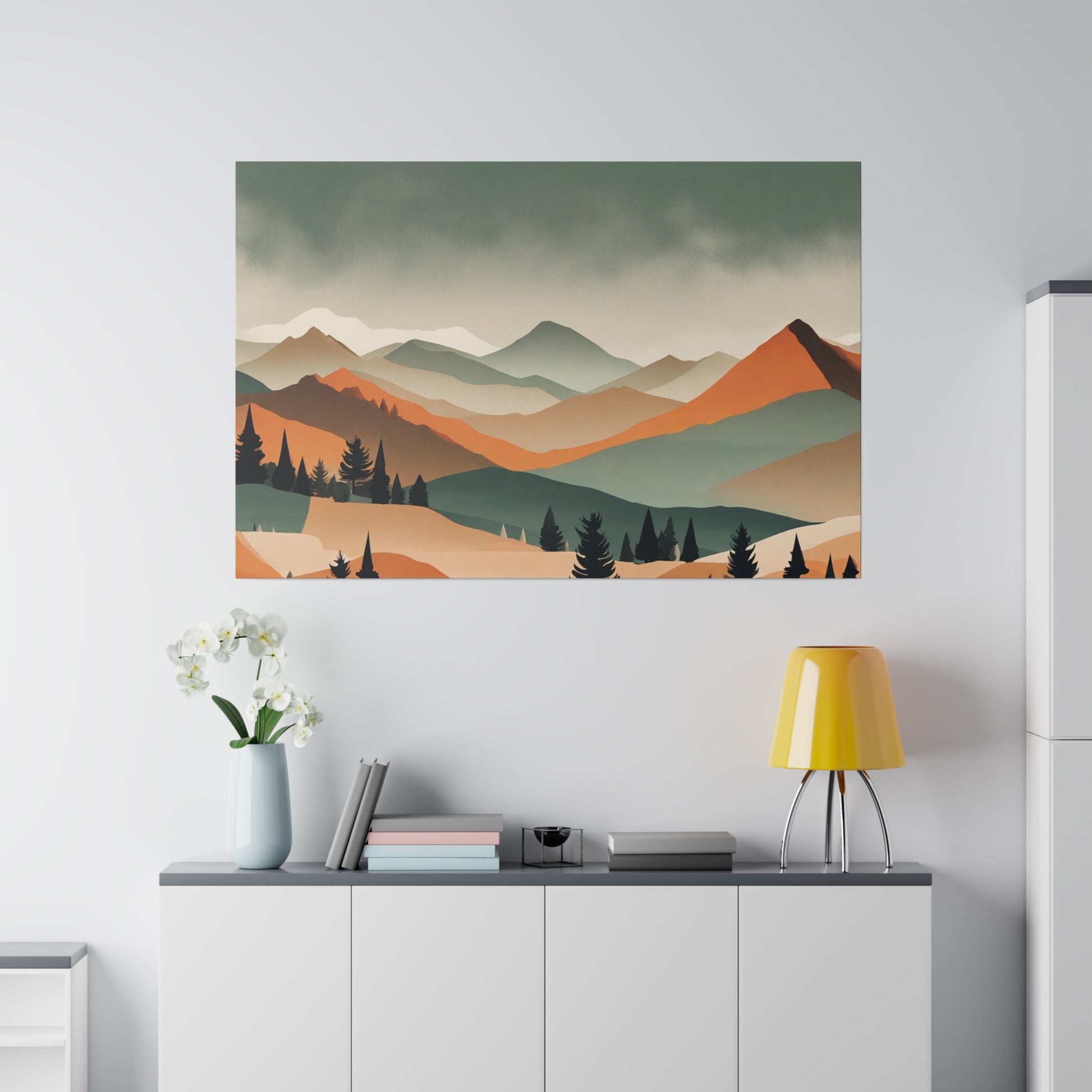 "Whispers of the Earth" is an abstract landscape print that artfully captures the essence of the rolling hills and mountains, using a palette of muted neutral colors. The harmonious blend of these tones across both land and sky creates a unified and tranquil composition, inviting viewers to immerse themselves in the serene beauty of nature.