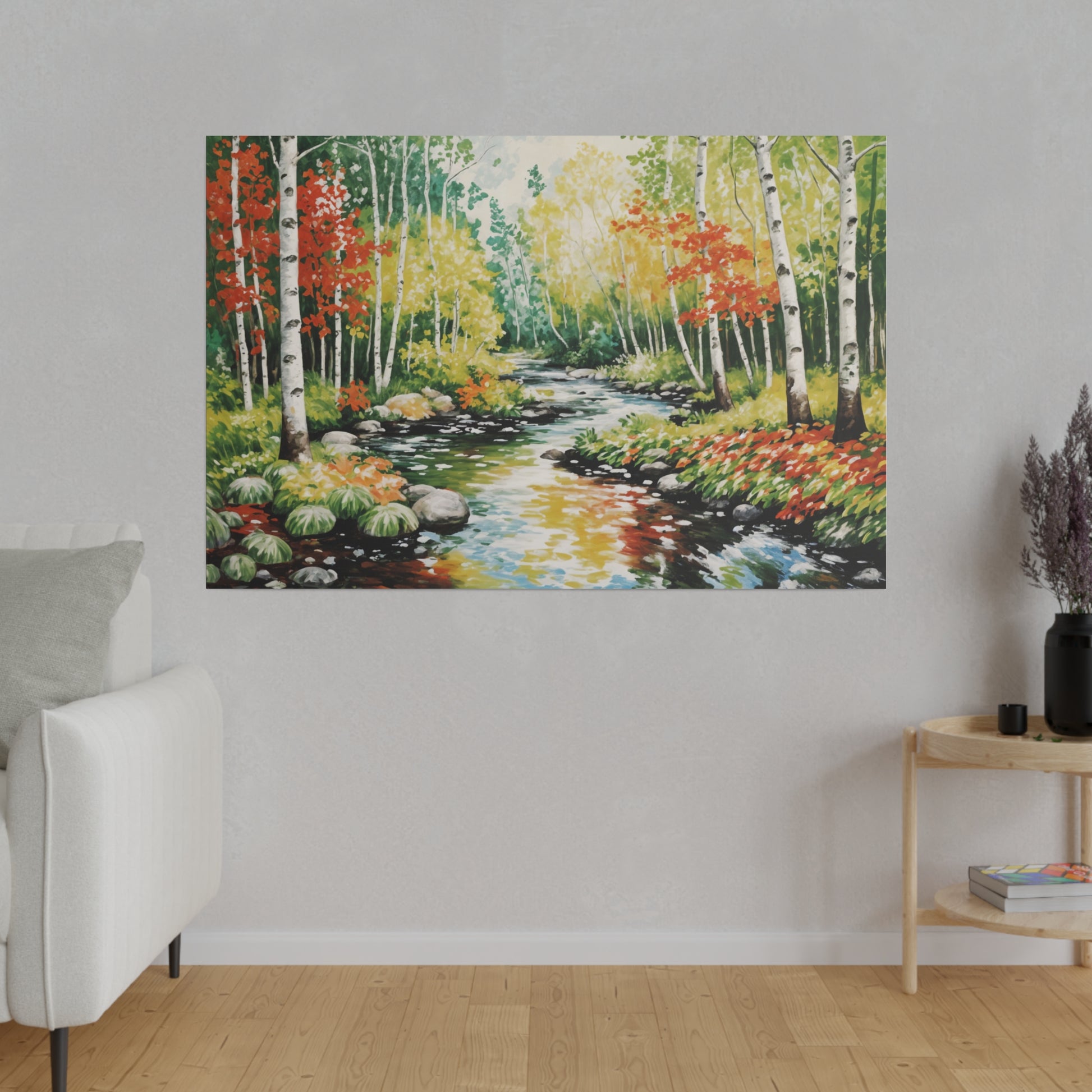 Stream Running Through a Birch Wood Forest Print