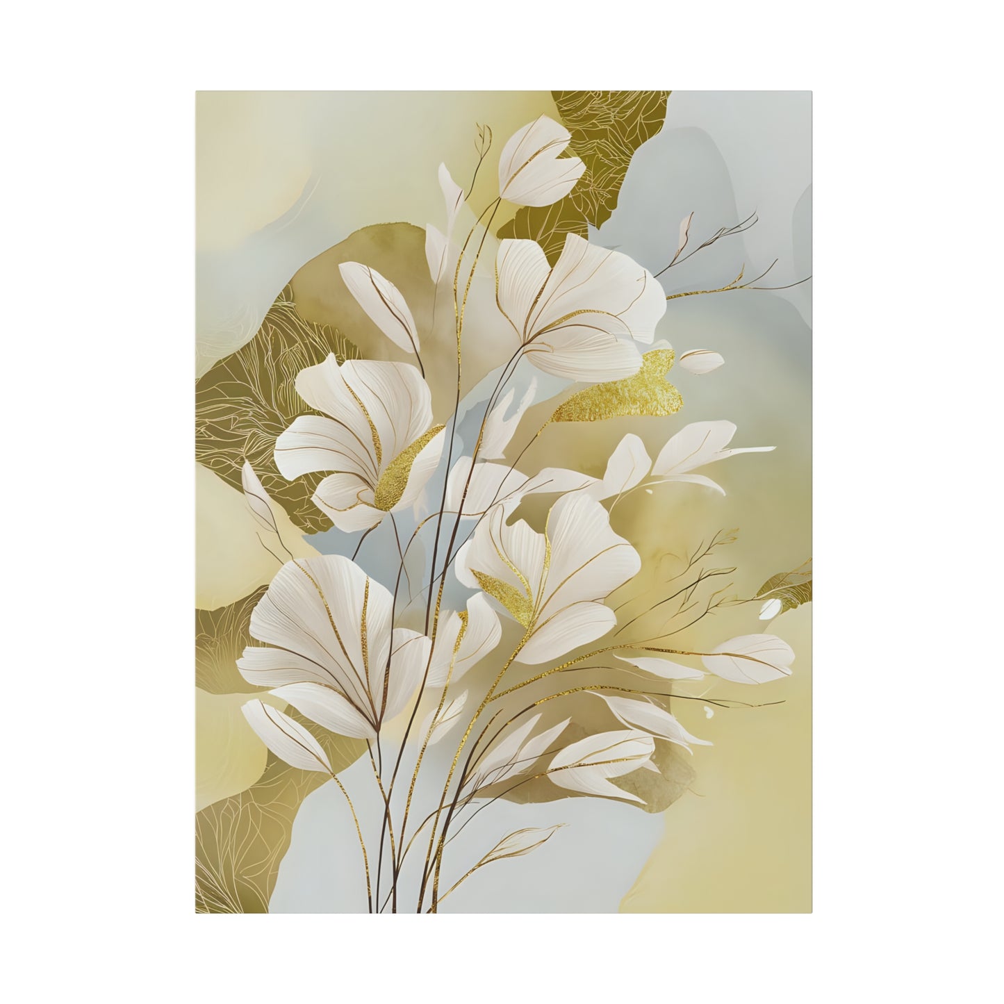 Delicate white flowers with golden accents stand against a soft, abstract background of earthy tones and gentle blues. Thin branches intermingle with the graceful petals, evoking a sense of peaceful elegance.