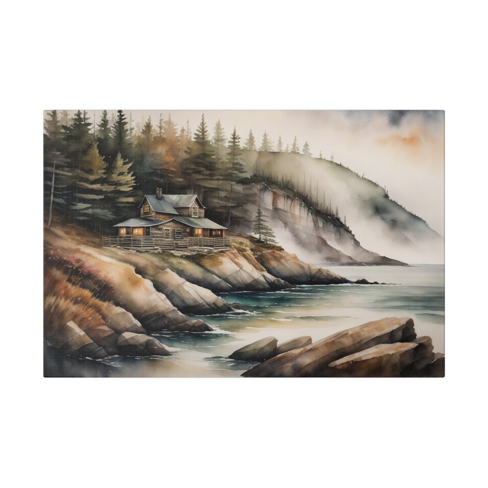 A cozy cabin with lit windows nestles on the edge of a wooded coastline, overlooking a cold and rocky shore. Mist clings to the forested cliffs above, adding a sense of tranquil isolation to the serene landscape.