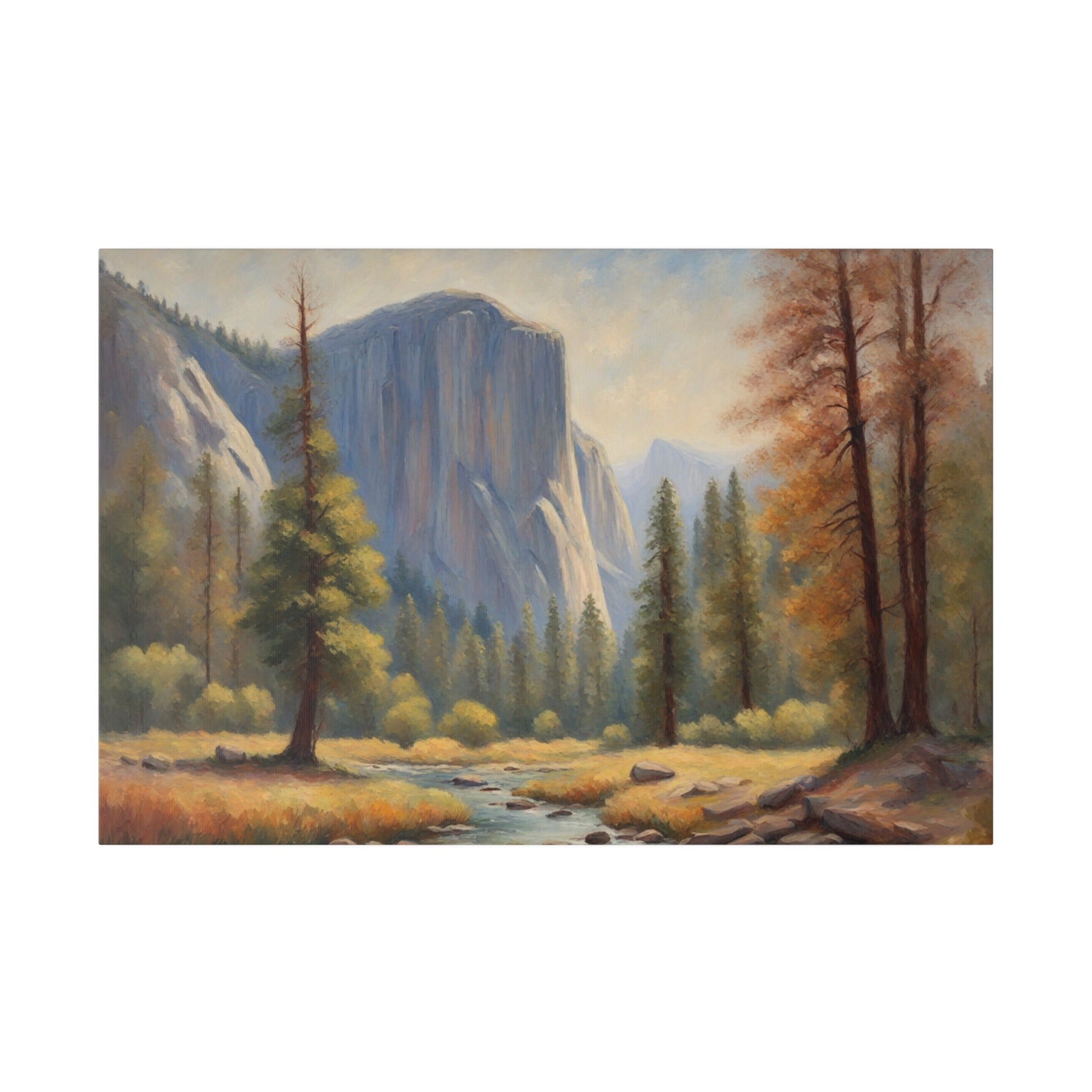 A serene river winds through a lush Yosemite National Park valley, flanked by towering trees and majestic mountains in the background. Soft light enhances the tranquil and picturesque natural scenery.