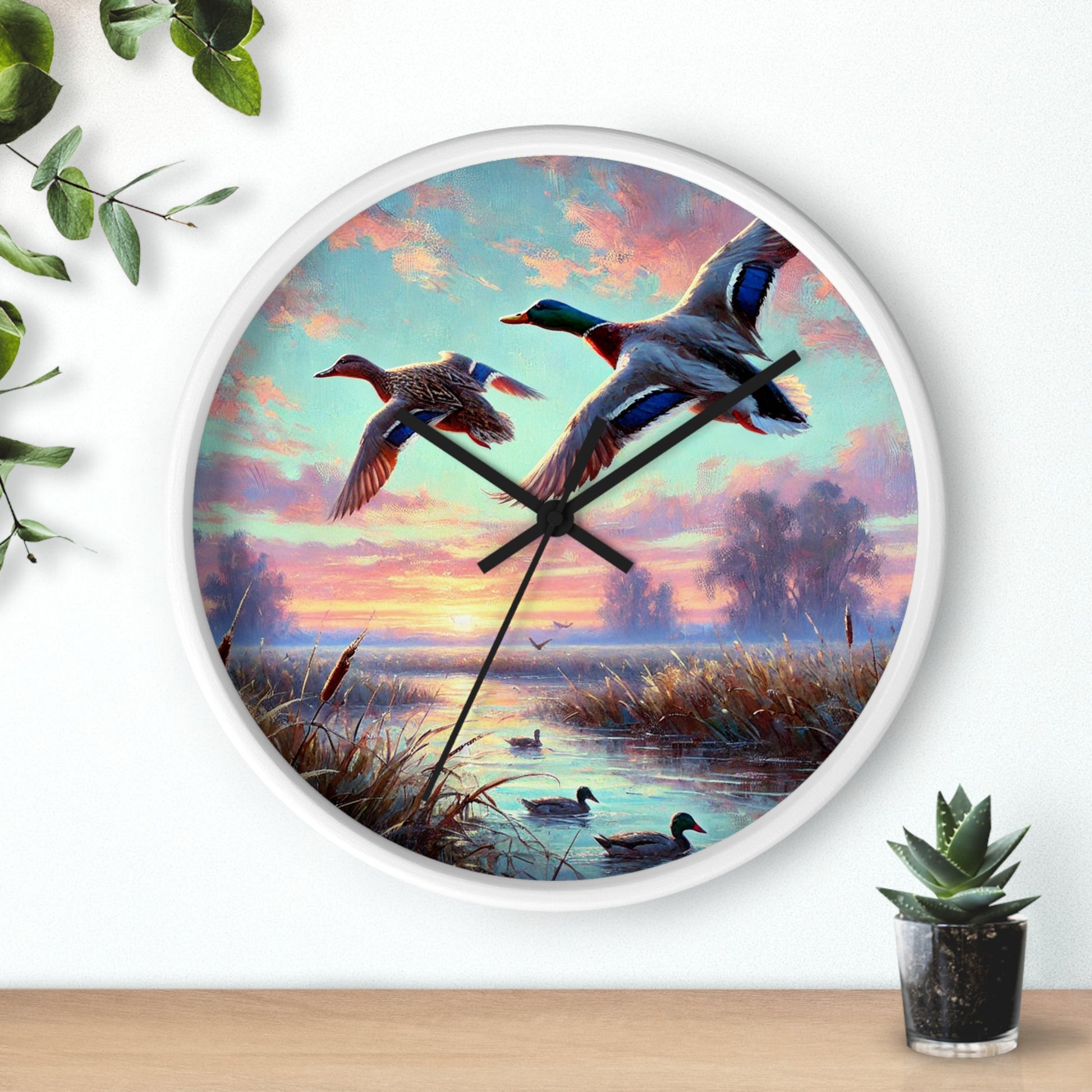 This collection of waterfowl art wall clocks brings the beauty of wetlands into your space, each clock featuring a meticulously crafted scene of waterfowl in natural settings.