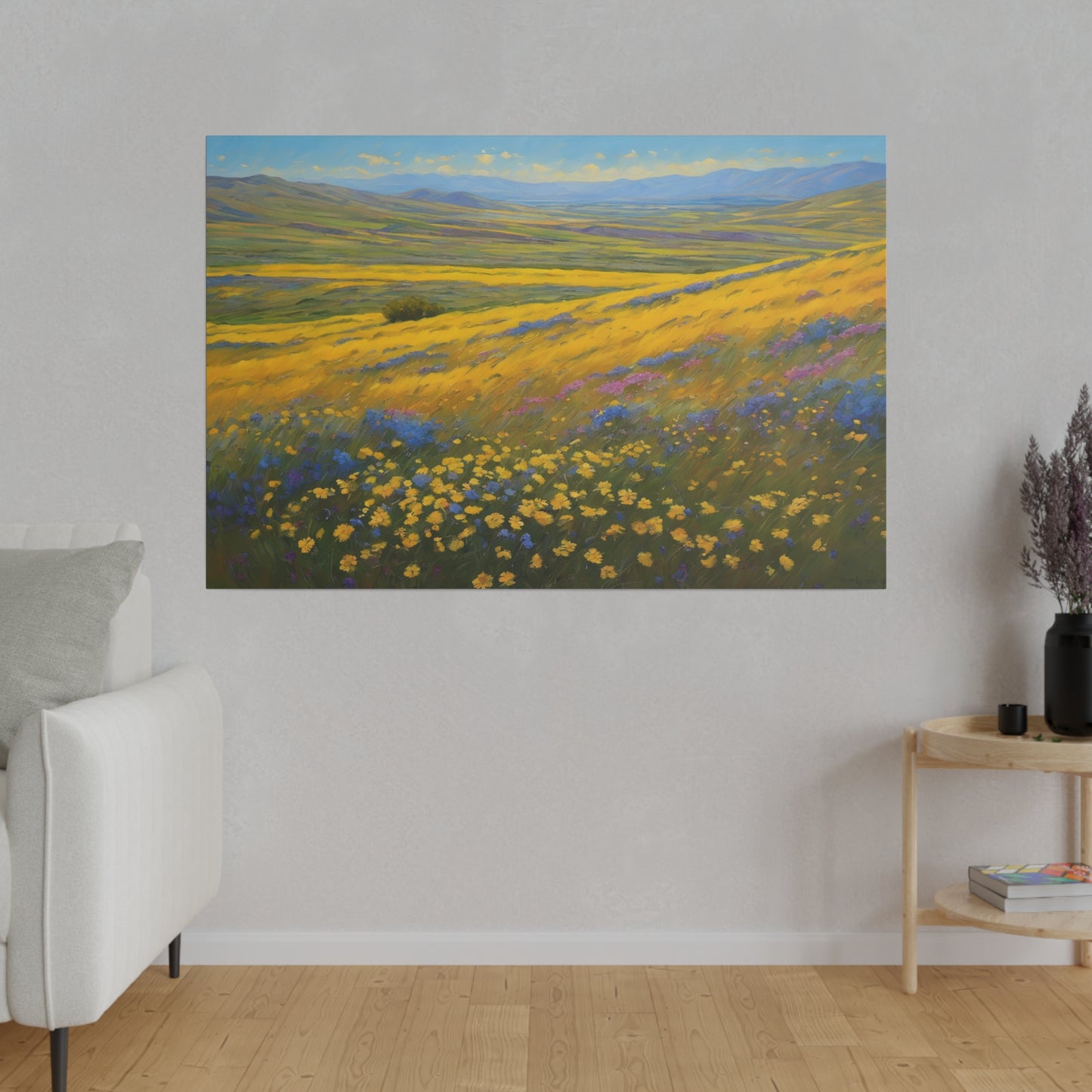 California Carrizo Plain Super Bloom. A vast landscape is covered with vibrant yellow wildflowers, stretching toward rolling hills on the horizon. Blue and purple flowers add a dash of contrasting color against the golden yellow bloom and green grasses swaying under a clear sky.