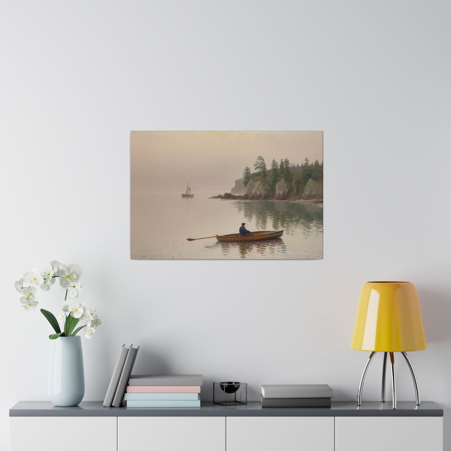 Introducing our evocative impressionism wall art print, capturing the serene journey of an old man on a canoe gliding through tranquil waters along majestic cliffs under a hazy morning sky. This print is a perfect addition to any room, offering a contemplative and peaceful focal point that inspires introspection and appreciation for the beauty of nature and life's quiet moments.