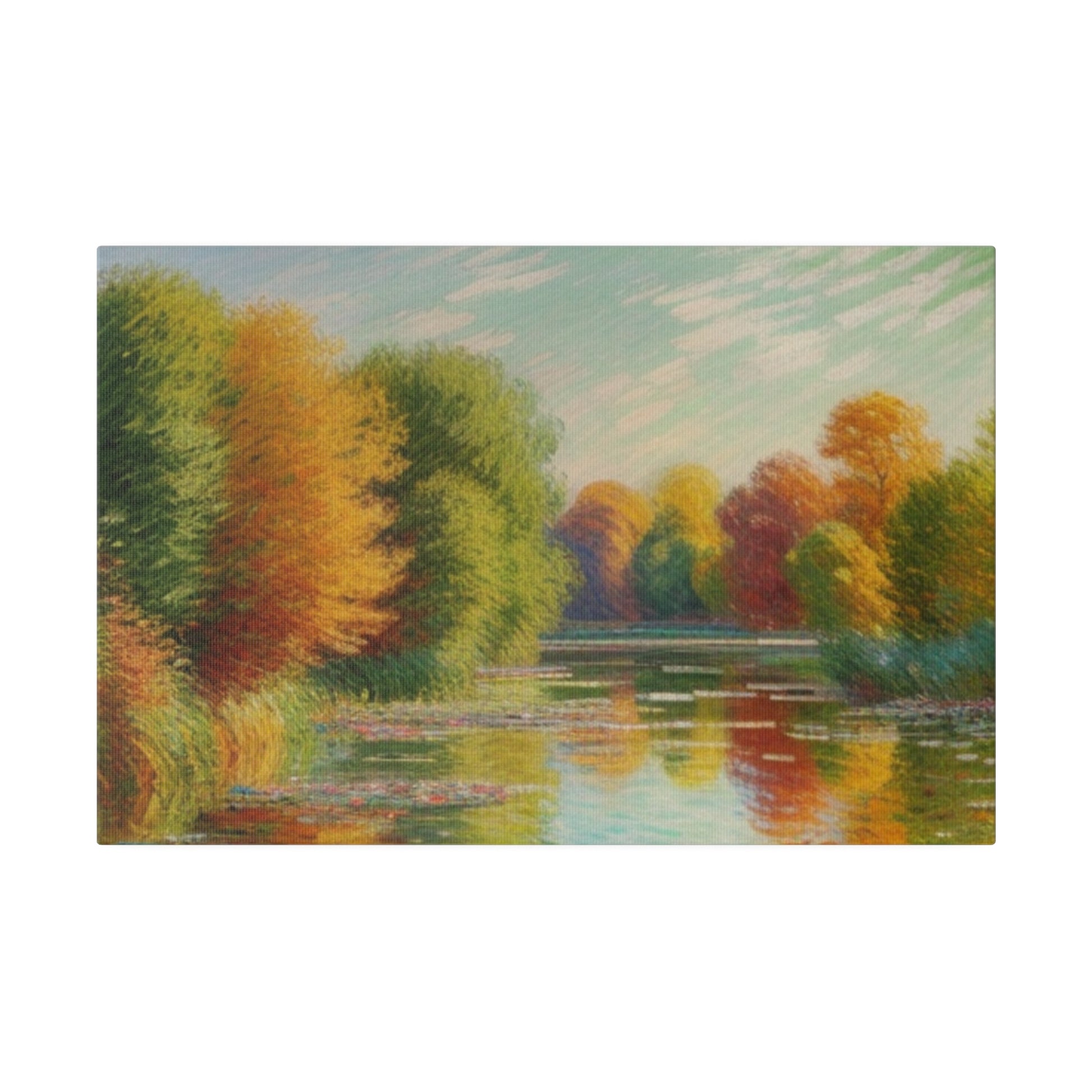 A serene lake reflects a vibrant display of autumn trees with hues of orange, yellow, and red. The soft, pastel sky above complements the tranquil scene, enhancing the overall sense of peace.