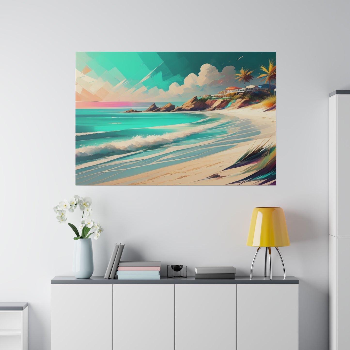 Perfect for those who love tropical themes and the soothing colors of a sunset, this print brings a sense of peace and relaxation to your space. It’s ideal for living rooms, bedrooms, or any area where you want to create a calm and inviting ambiance. The combination of the pink beach, palm trees, and sunset evokes the feeling of a tropical paradise, transporting you to a serene and idyllic setting.