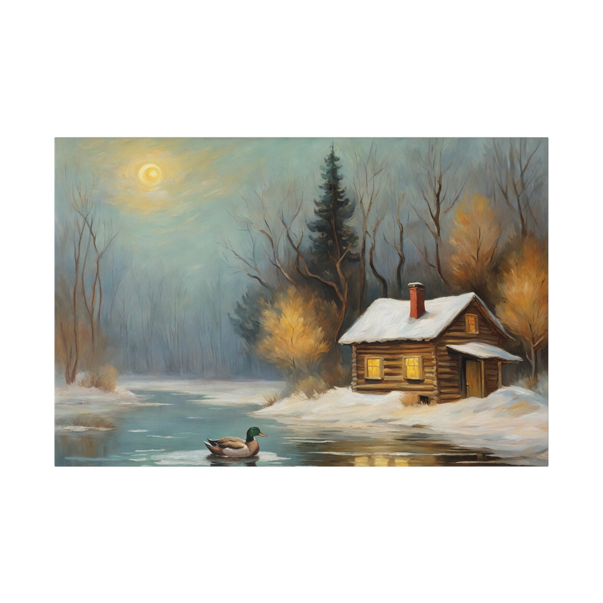 Invite the warmth and tranquility of a winter wonderland into your home with this Cozy Old Cabin in the Woods Wall Art Print. This enchanting artwork captures the serene beauty of a snow-covered landscape, where a warmly lit cabin nestles among trees beside a tranquil pond, evoking a sense of peace and comfort.