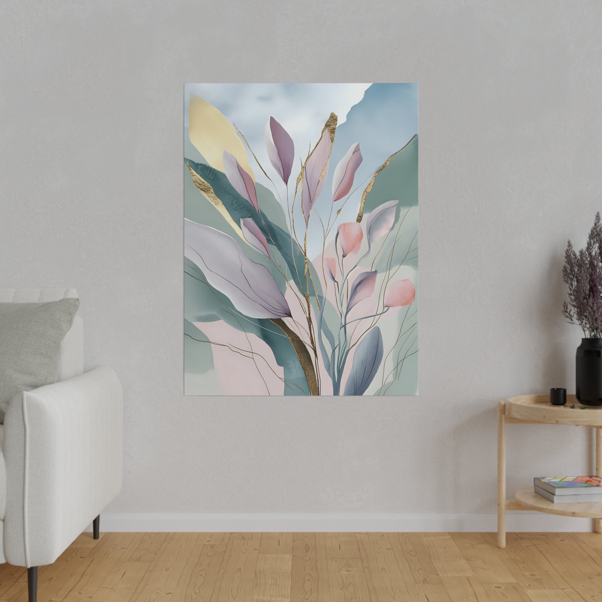 Delicate abstract watercolor leaves are depicted in soft pastel colors with accents of gold, creating a serene and ethereal composition. The background features subtle gradients of blue, green, and beige hues, adding depth and harmony to the scene.