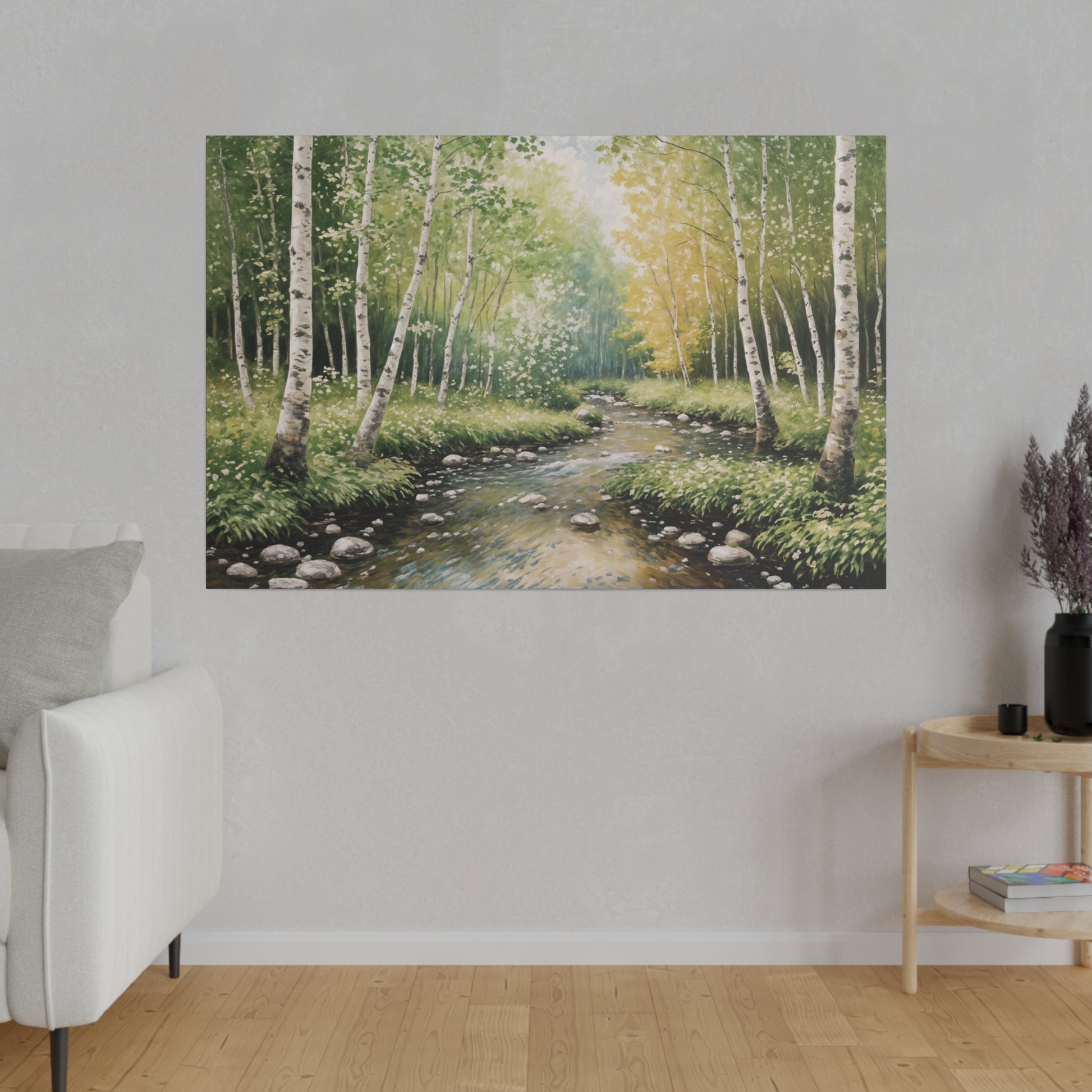 Strean Runs Through Birch Wood Forest Print