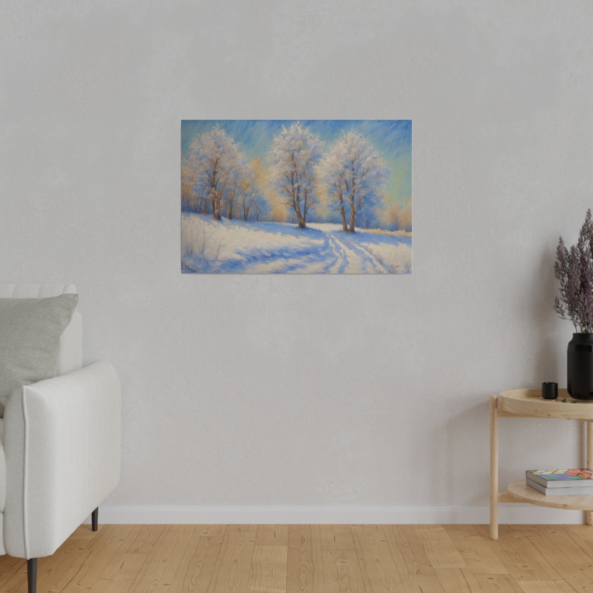 Step into a world of pure serenity with "Winter's Glow." The artist has expertly captured the quiet beauty of a countryside blanketed in snow, where every detail—from the delicate frost on the trees to the smooth drifts of snow—contributes to a scene of absolute calm. The blueish tint from the sky creates a subtle, ethereal glow that enhances the peaceful atmosphere. This print is ideal for any room that seeks to evoke the quiet, reflective beauty of winter.