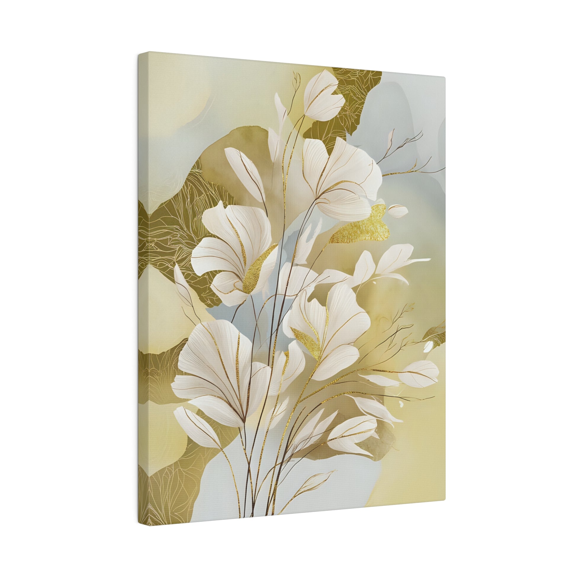 Delicate white flowers with golden accents stand against a soft, abstract background of earthy tones and gentle blues. Thin branches intermingle with the graceful petals, evoking a sense of peaceful elegance.