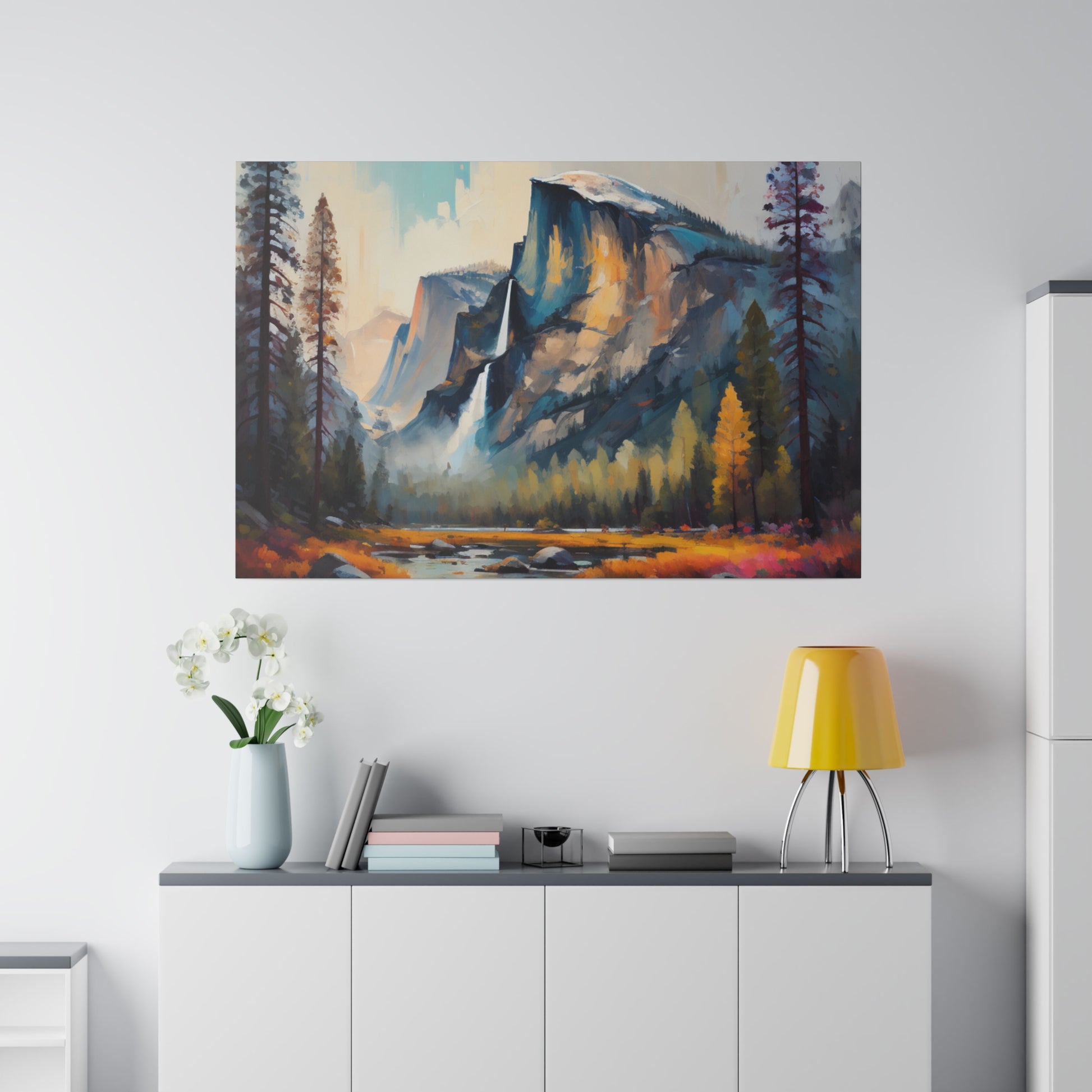 This stunning abstract canvas print, titled "Ethereal Granite Majesty," captures the awe-inspiring beauty of Yosemite National Park through a contemporary and imaginative lens. The artwork reimagines the iconic granite cliffs and lush valleys in a burst of vibrant, swirling colors that merge and dance across the canvas.