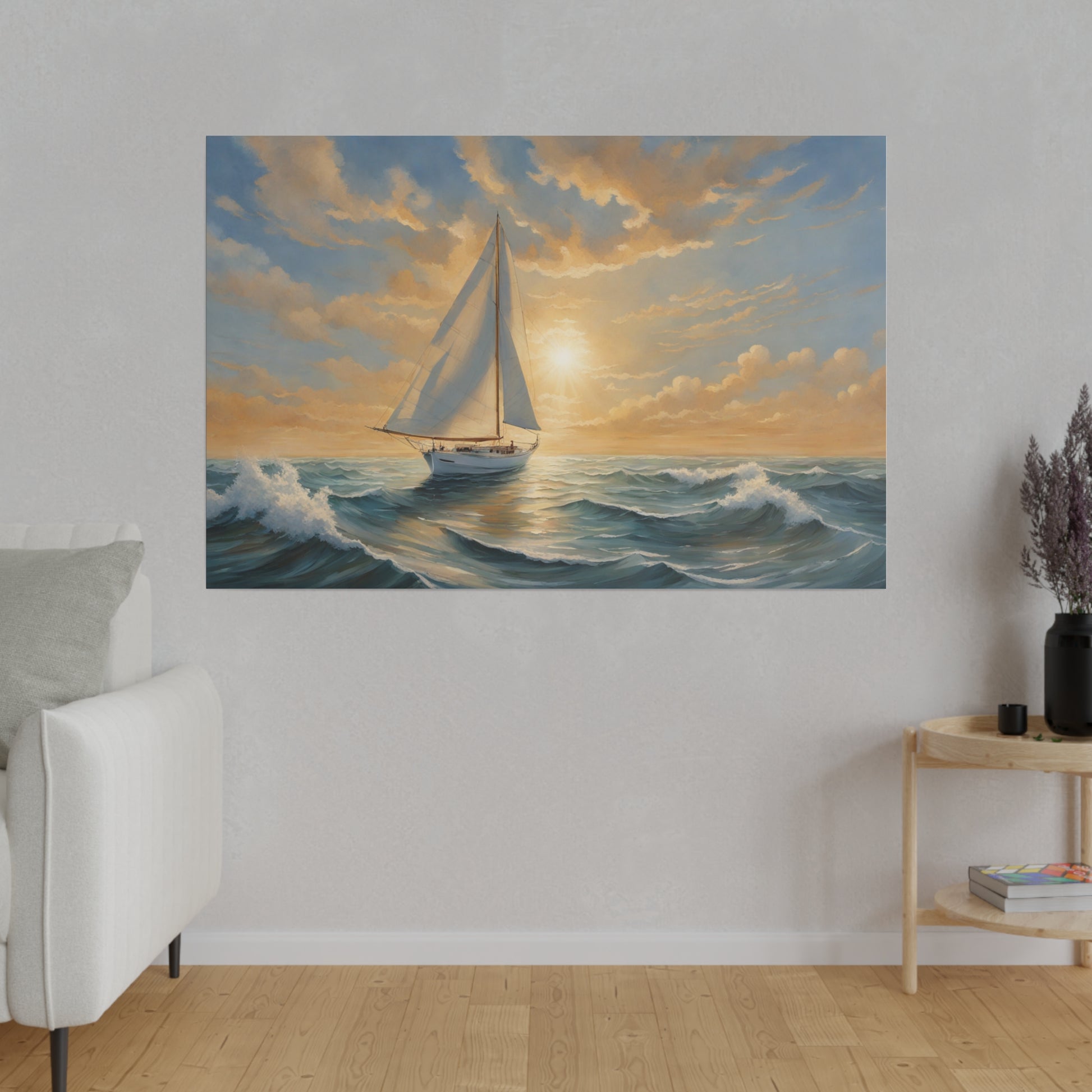 Embark on a journey of tranquil adventure with "Sailing Through Serenity," a captivating print that portrays a sailboat gliding gracefully through choppy ocean waves. Above, the sun breaks through the clouds, casting radiant beams of light onto the restless sea. This artwork combines dynamic movement with serene beauty, making it a perfect piece to bring a touch of nautical elegance to any space.