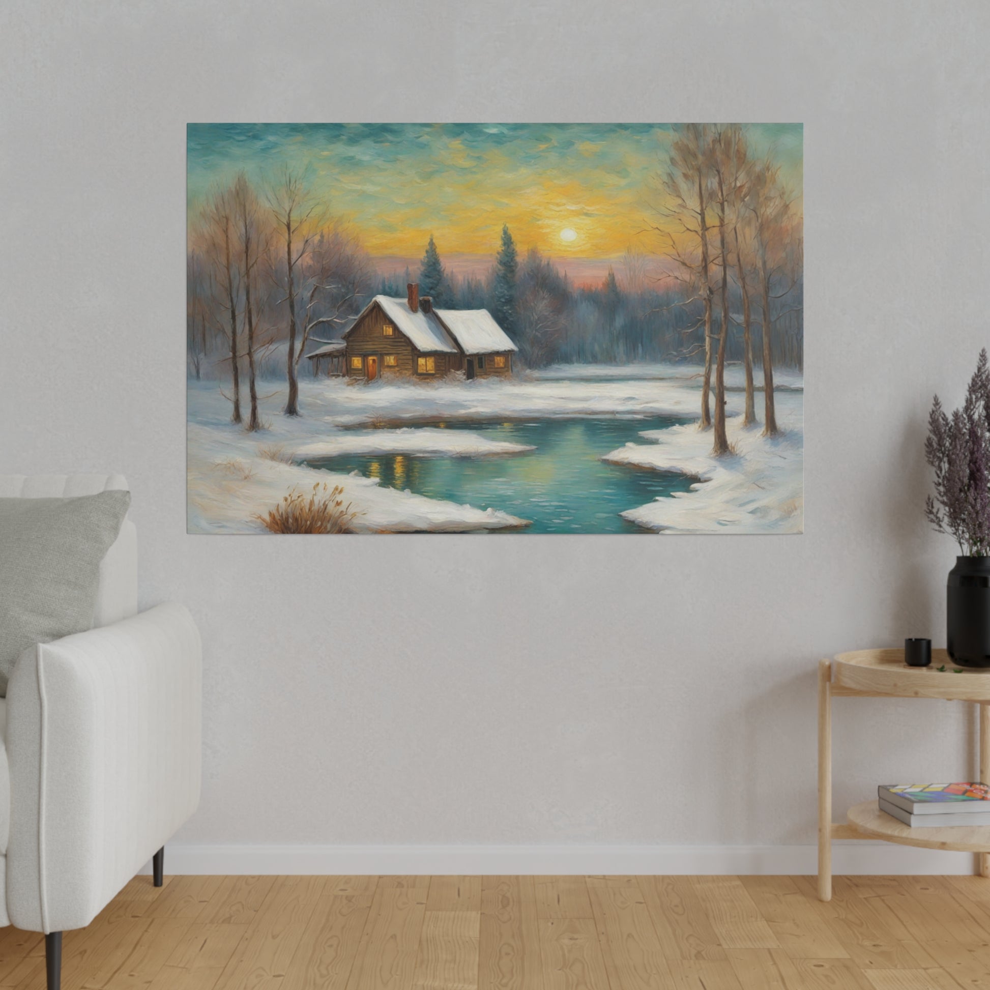 A cozy cabin with a snow-covered roof sits beside a calm, partially frozen pond, surrounded by bare trees and distant evergreen forests under a setting sun. Warm light emanates from the cabin windows, contrasting with the cool tones of the snow and water.